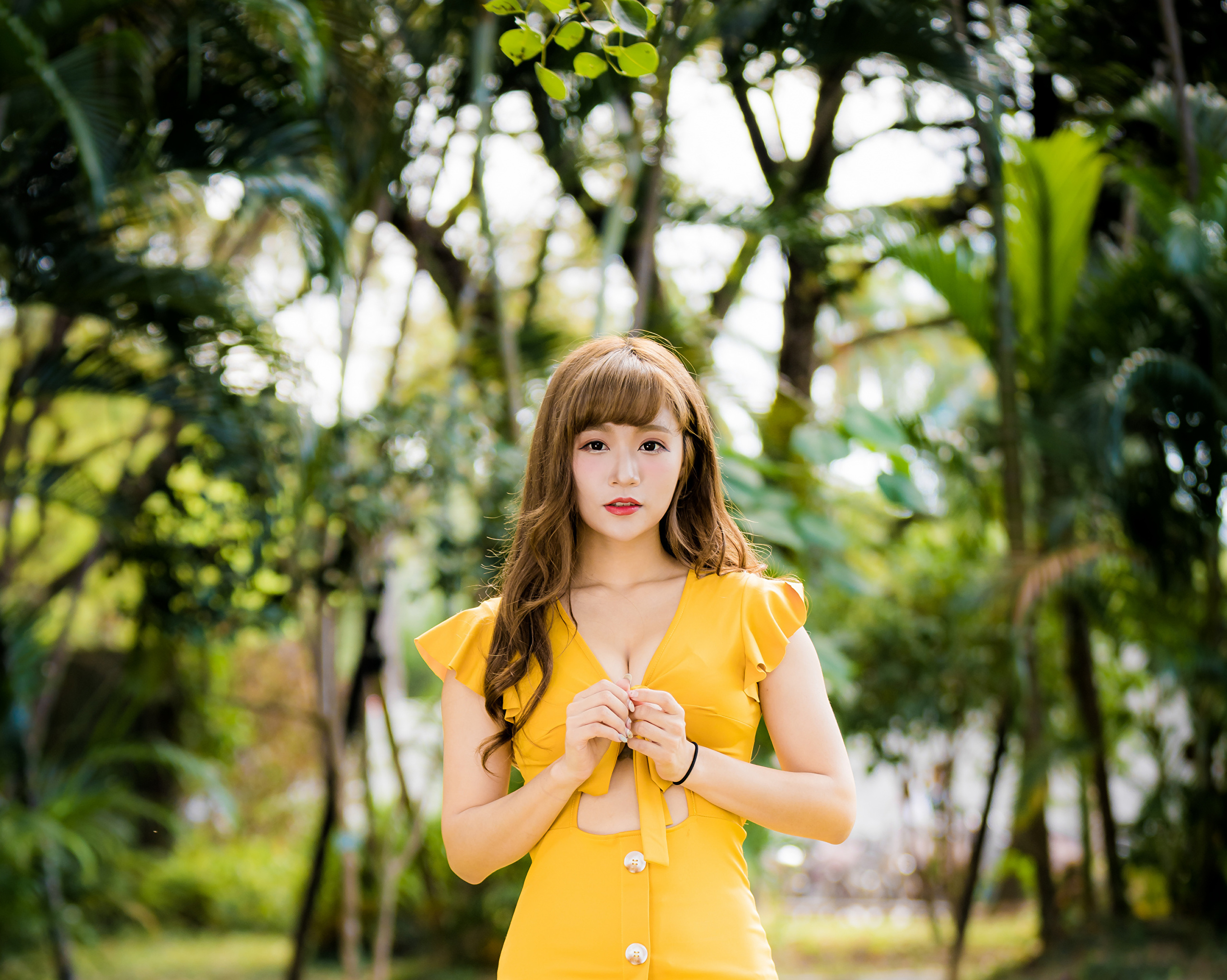 Asian Brunette Depth Of Field Girl Lipstick Model Woman Yellow Dress 2560x2045
