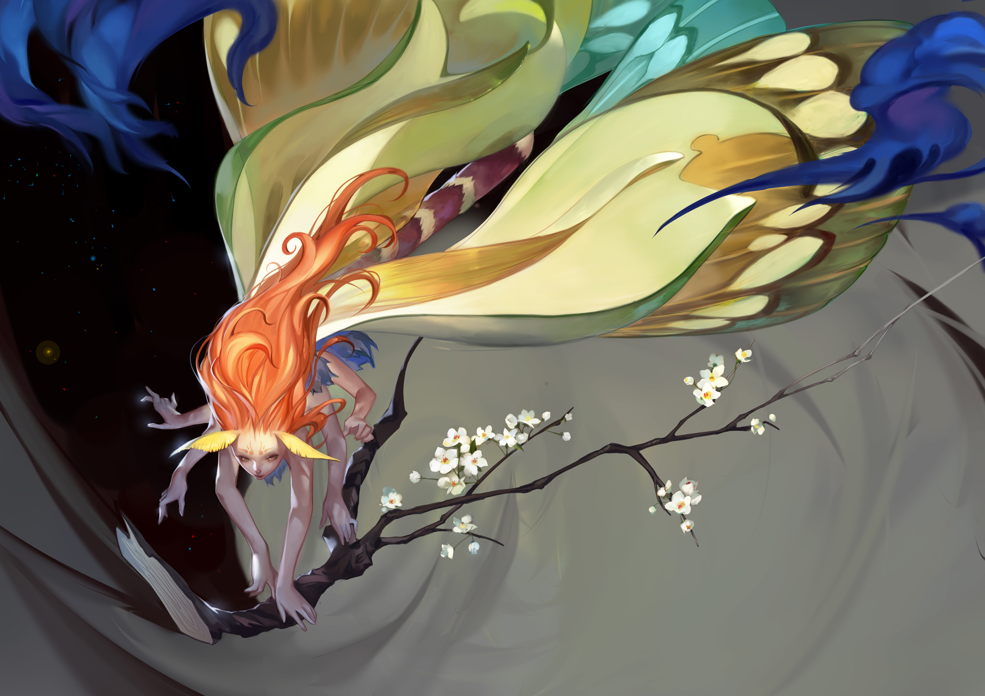 Fantasy Art Plants Readhead Tail Butterfly Wings Sakura Tree Stars Fantasy Girl Gray Eyes 2000x1414