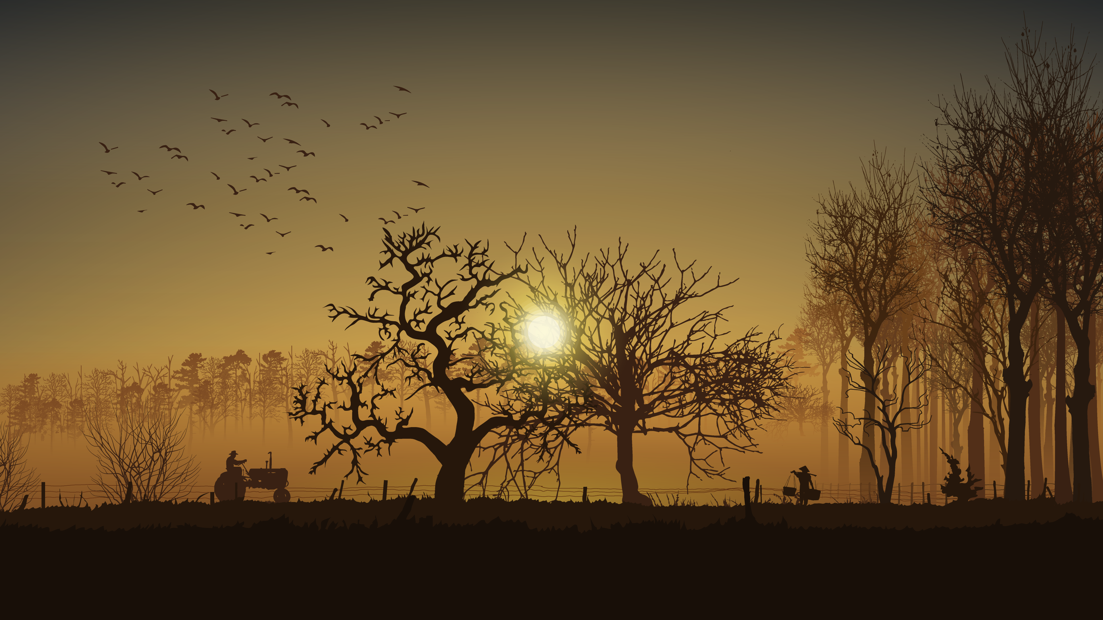 Dawn Sunrise Orange Sky Sparrow Trees Tractors Farmers Silhouette Metalanguage Stan Prokopenko Antog 3840x2160