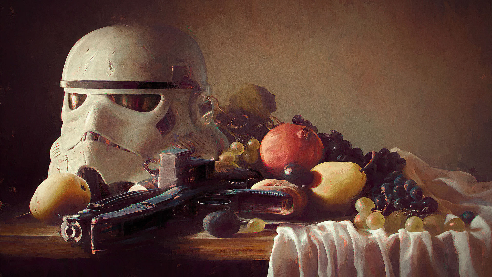 Still Life Digital Art Artwork Fruit Stormtrooper Star Wars Blaster Painting Humor 1920x1080