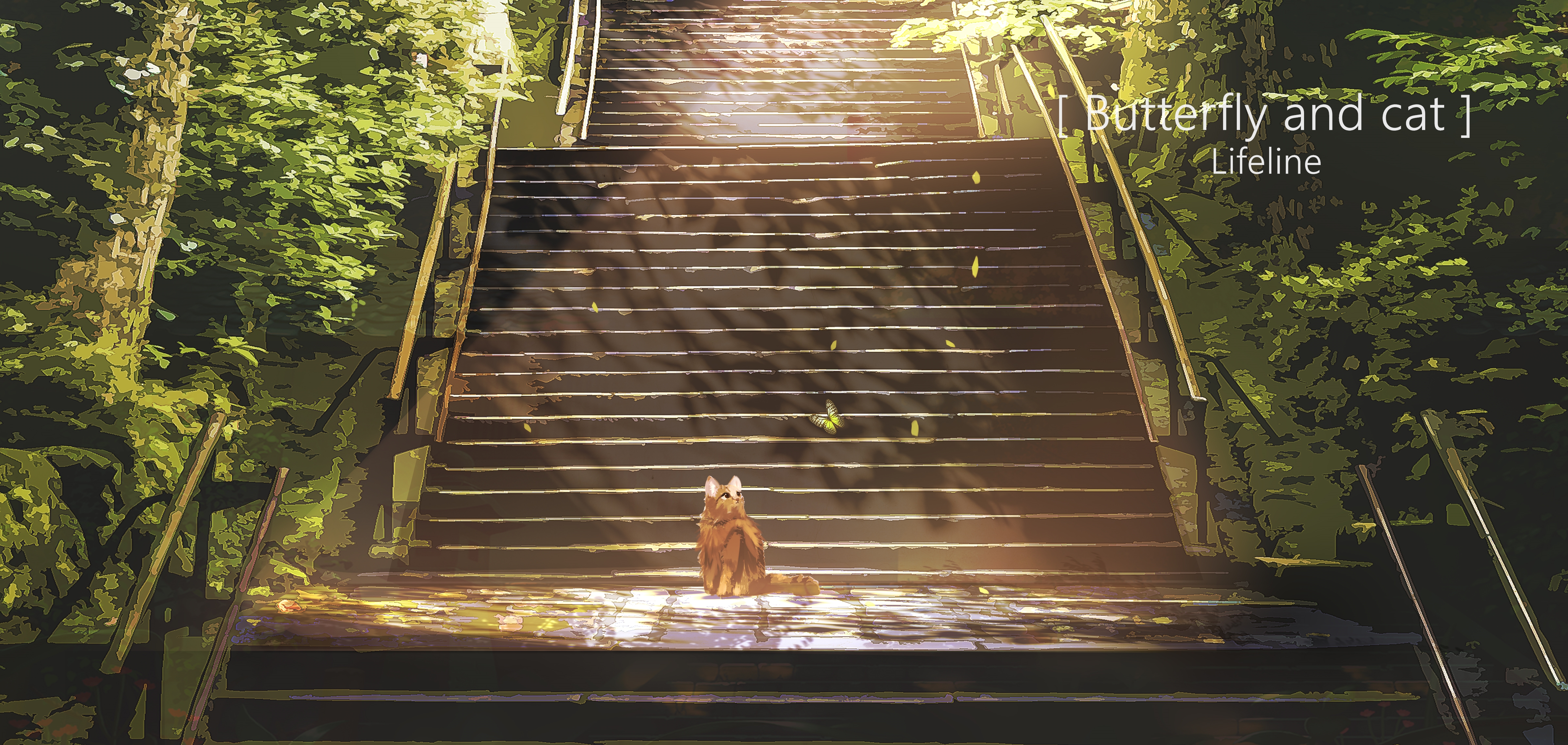 Anime Digital Art Artwork 2D Portrait Lifeline Cats Butterfly Stairs 4800x2280
