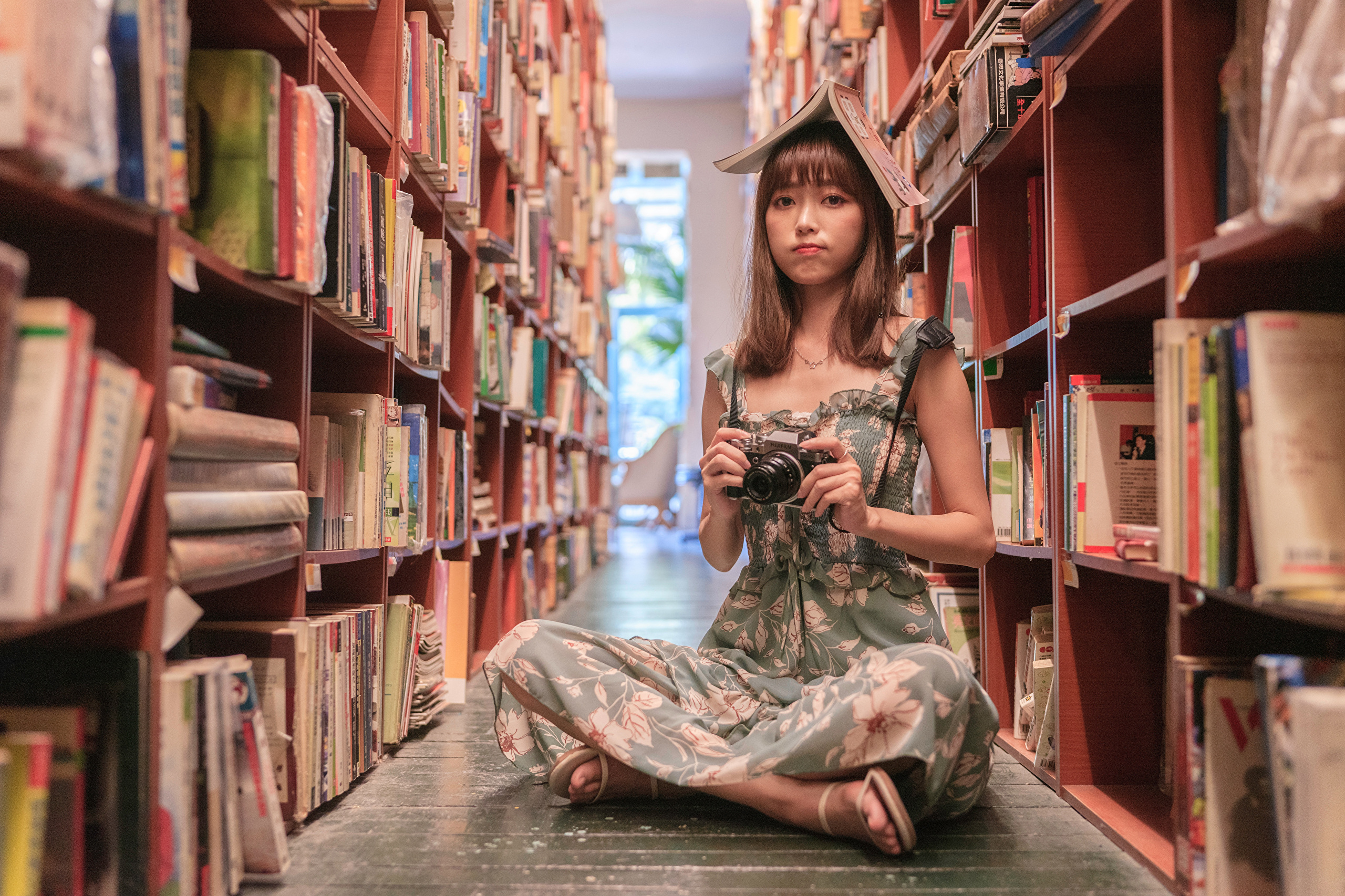 Asian Model Women Long Hair Brunette Library Sandals Dress Camera Sitting Fujifilm 2560x1706