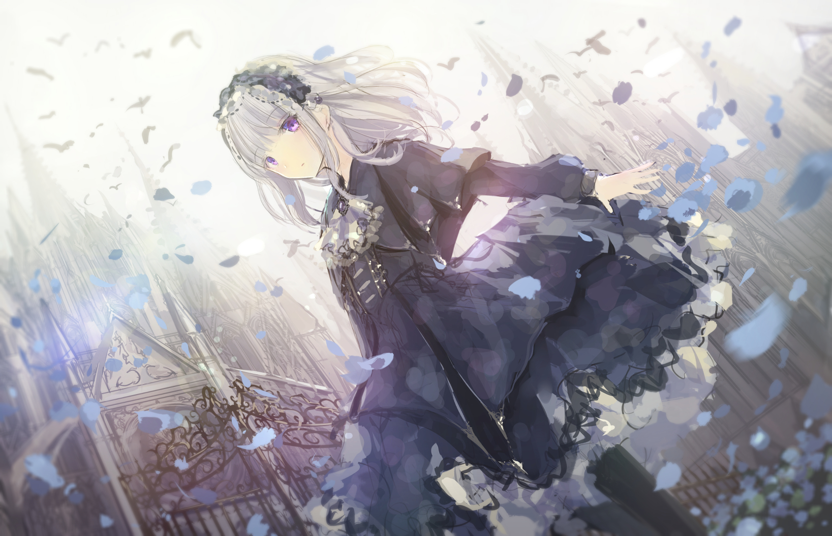 Anime Anime Girls Original Characters Dress Missile228 Petals Silver Hair Purple Eyes 1637x1054