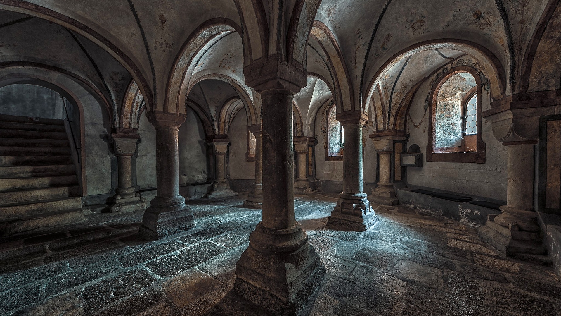 Architecture Building Arch Interior Stairs Medieval Gothic Column Stones 1920x1080