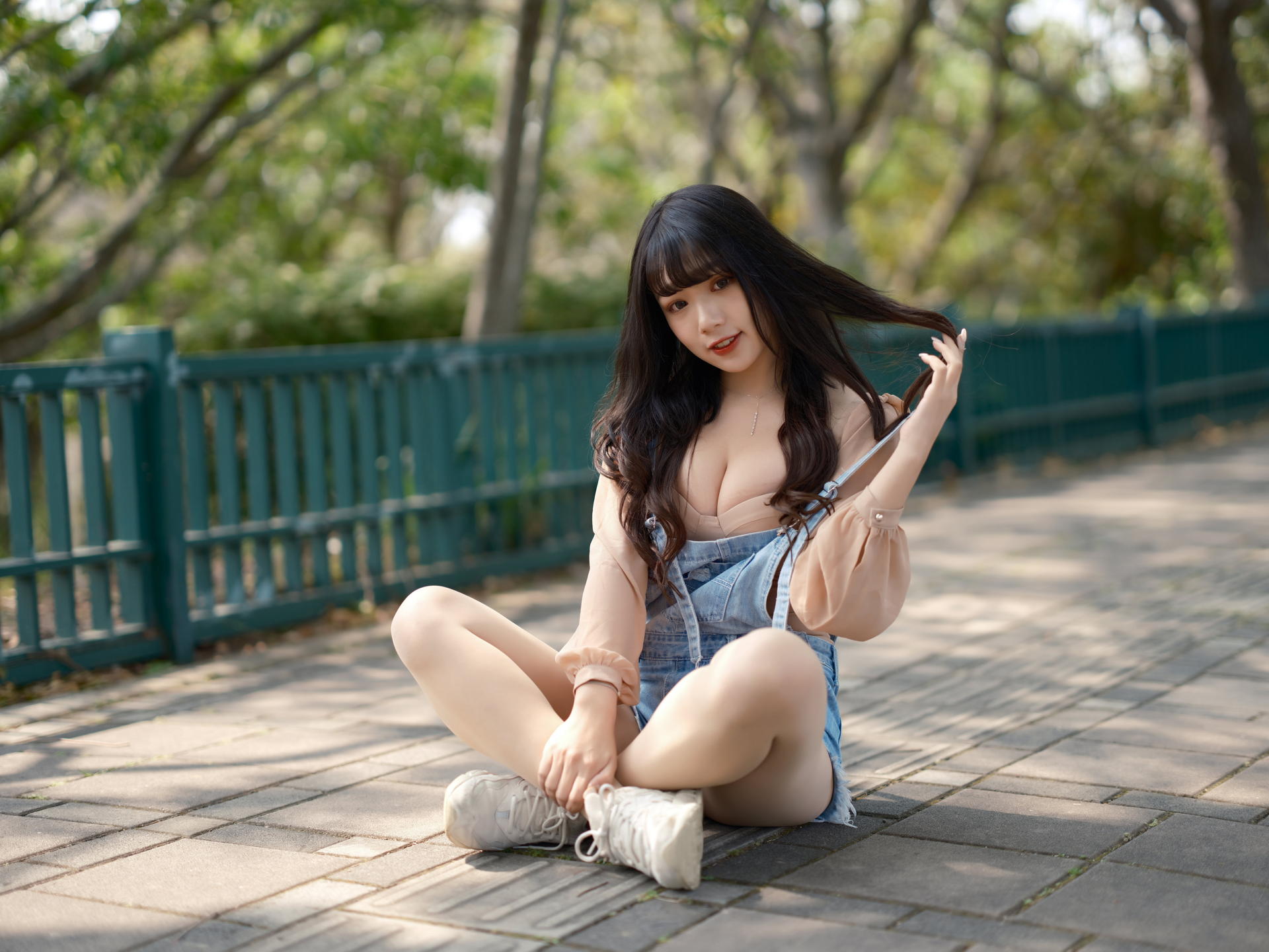 Asian Model Women Dark Hair Long Hair Depth Of Field Sitting Sneakers Fence Trees Blouse Jeans Dress 1920x1440