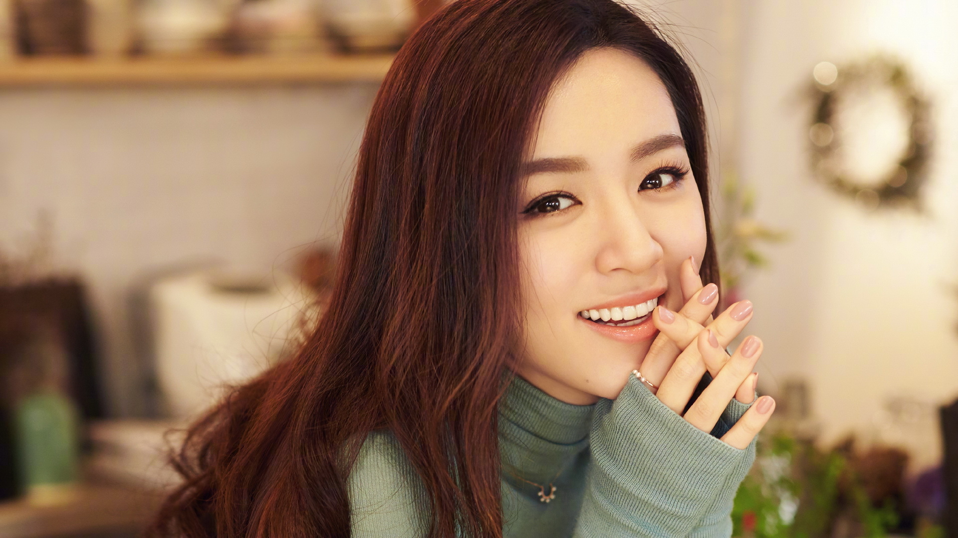 Women Smile Asian Depth Of Field Pullover Rings Necklace Painted Nails Long Hair Brunette Shelves 1920x1080