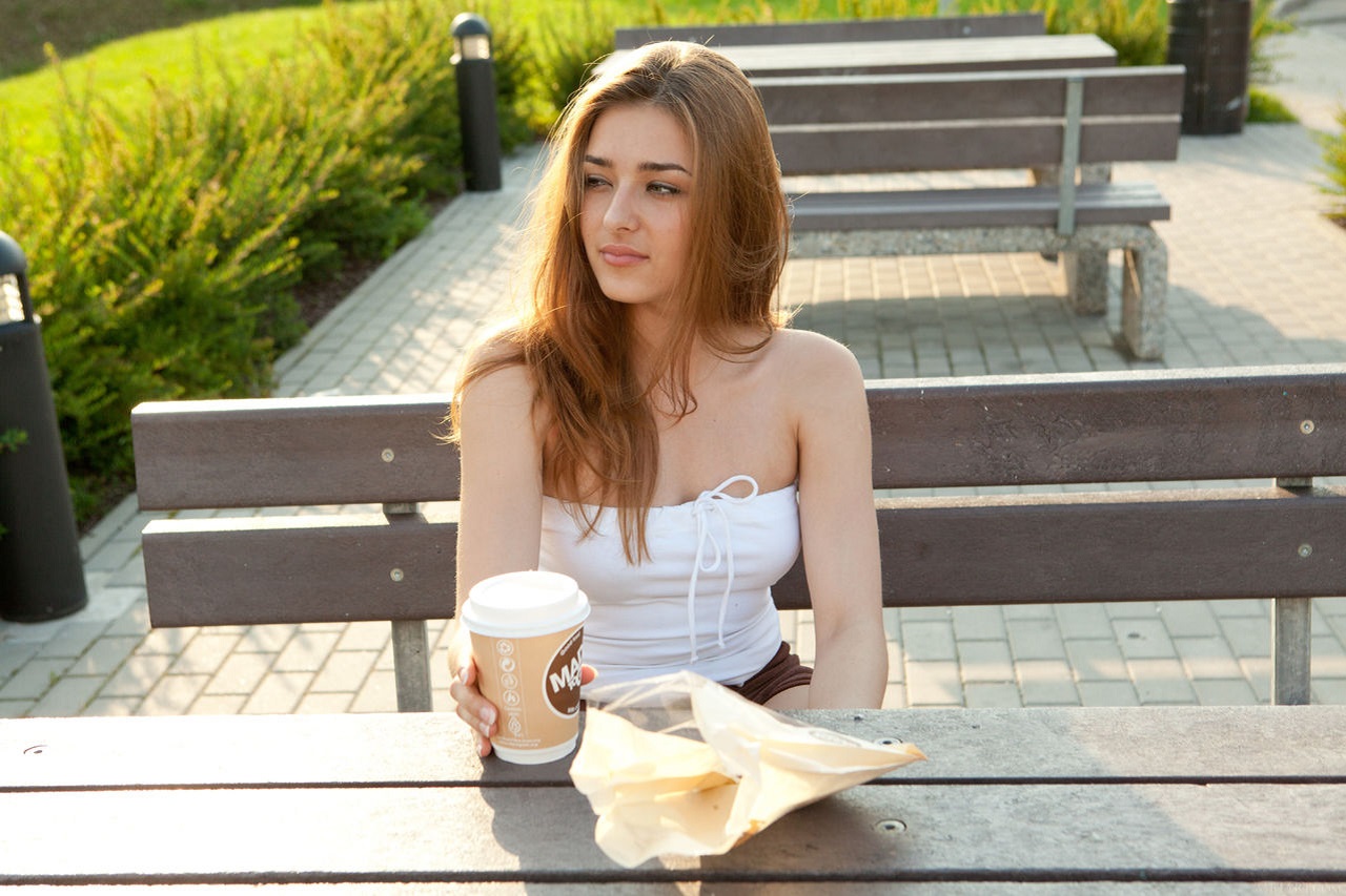 Women Brunette Long Hair On Bench Coffee Looking Away 1280x853