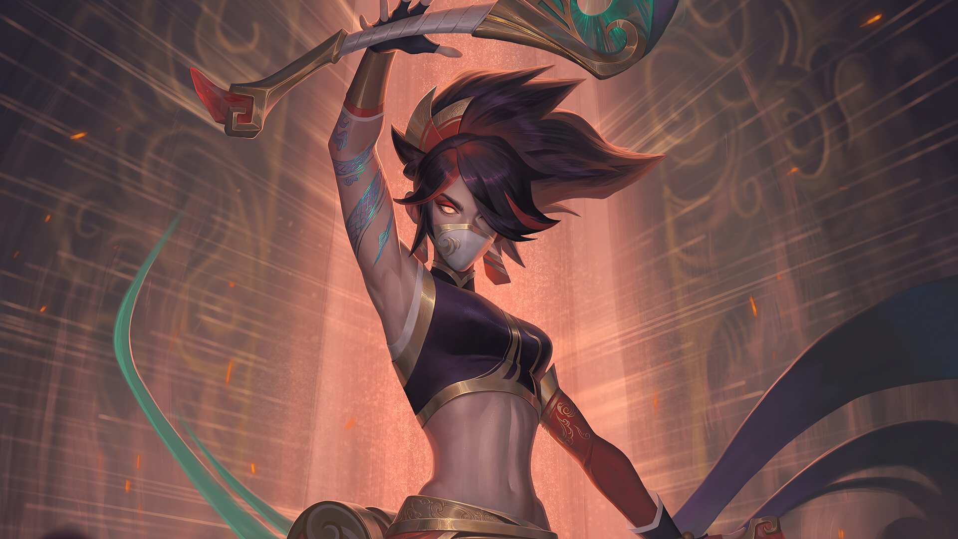 Akali Akali League Of Legends League Of Legends Orange Eyes Girl With Weapon Mask Tattoo Looking At  1920x1080