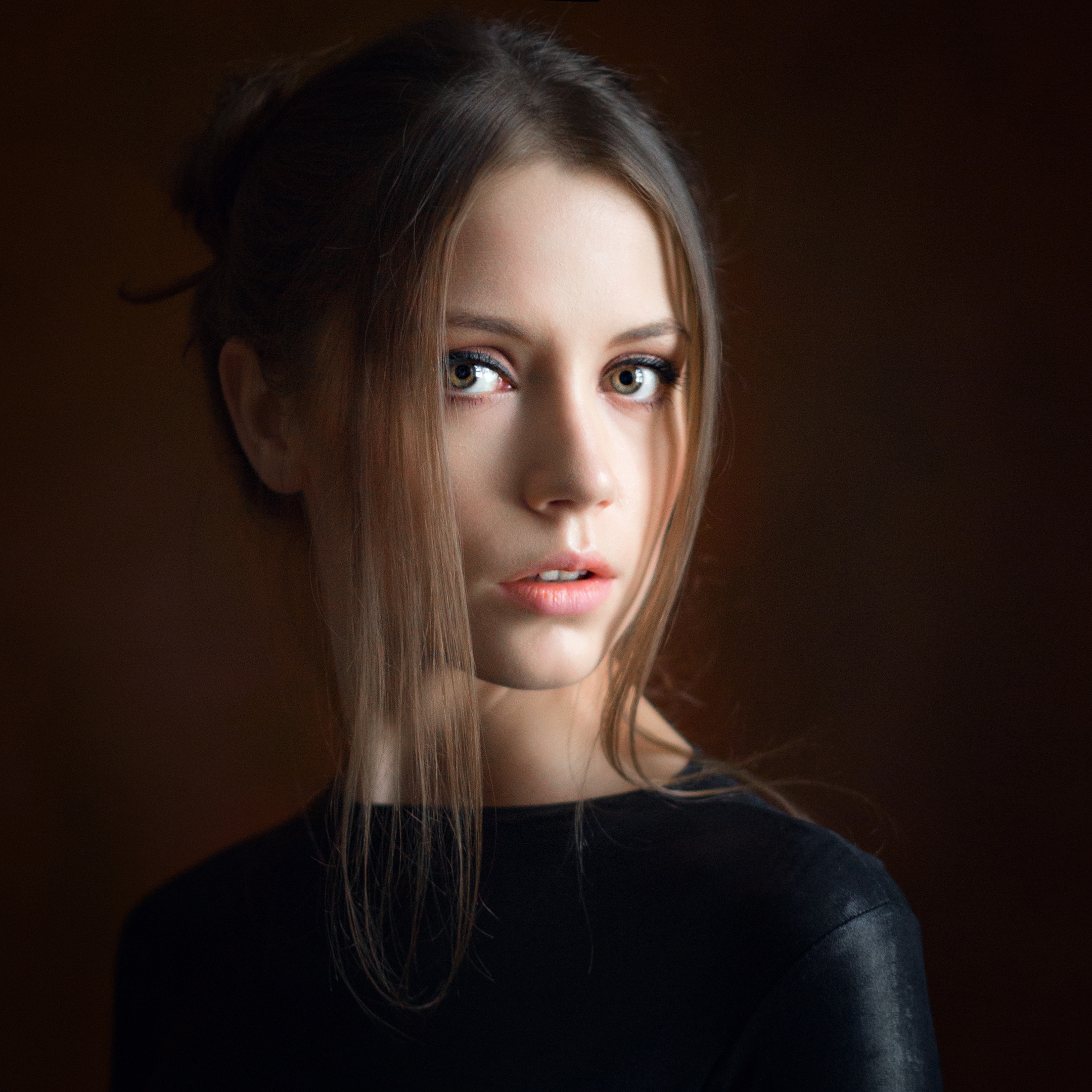 Alexey Kishechkin Women Ksenia Kokoreva Brunette Portrait Black Clothing Makeup Looking At Viewer Si 2160x2160