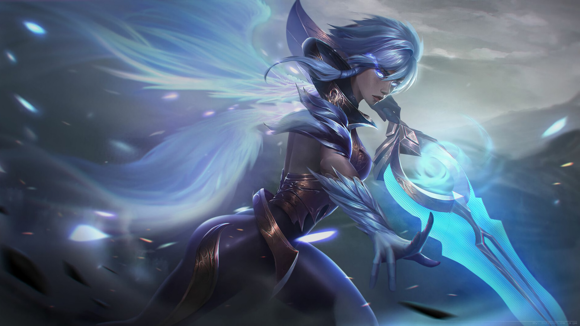 Riven Riven League Of Legends Angels Wings Looking At Viewer Sword Grey Hair League Of Legends PC Ga 1920x1080