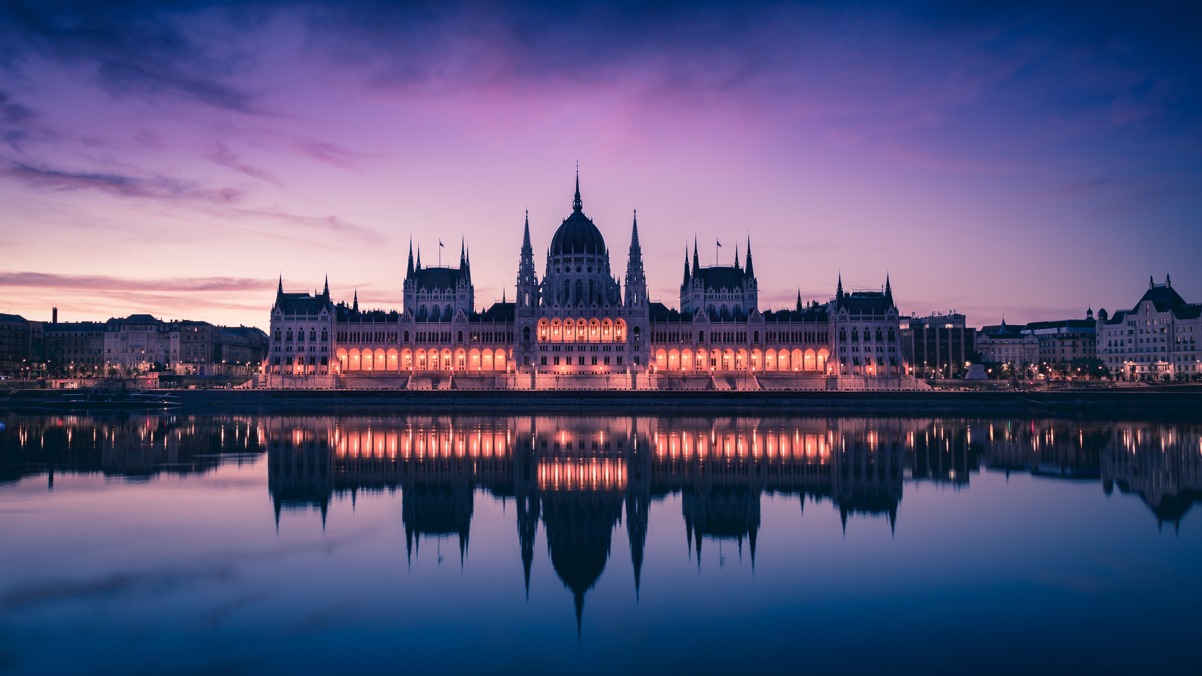 Budapest Building Dusk Hungarian Parliament Building Hungary Reflection Sunset Water 3840x2160