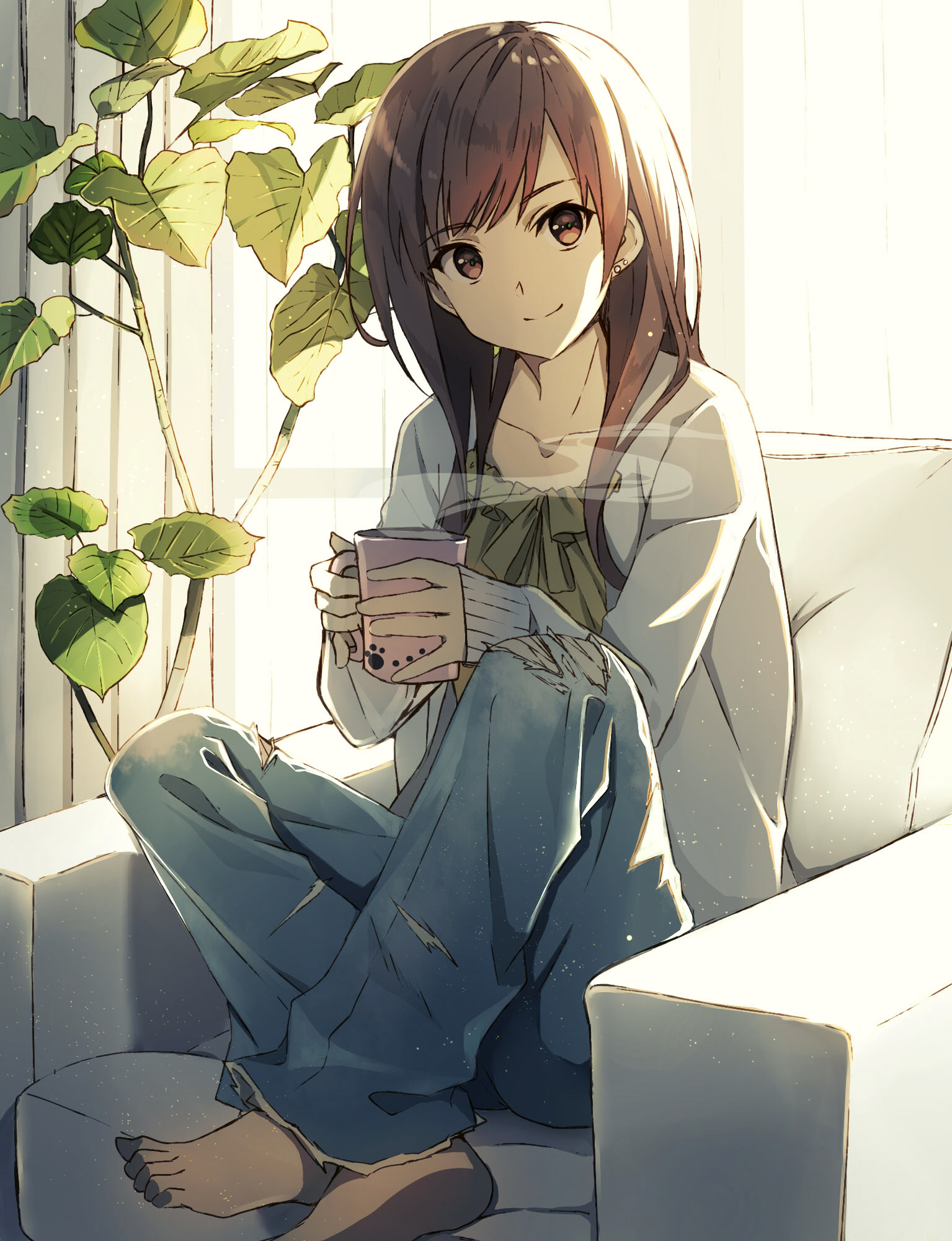 Anime Girls Sitting Barefoot Jeans Torn Jeans Cup Brunette Brown Eyes Smiling Akami Fumio