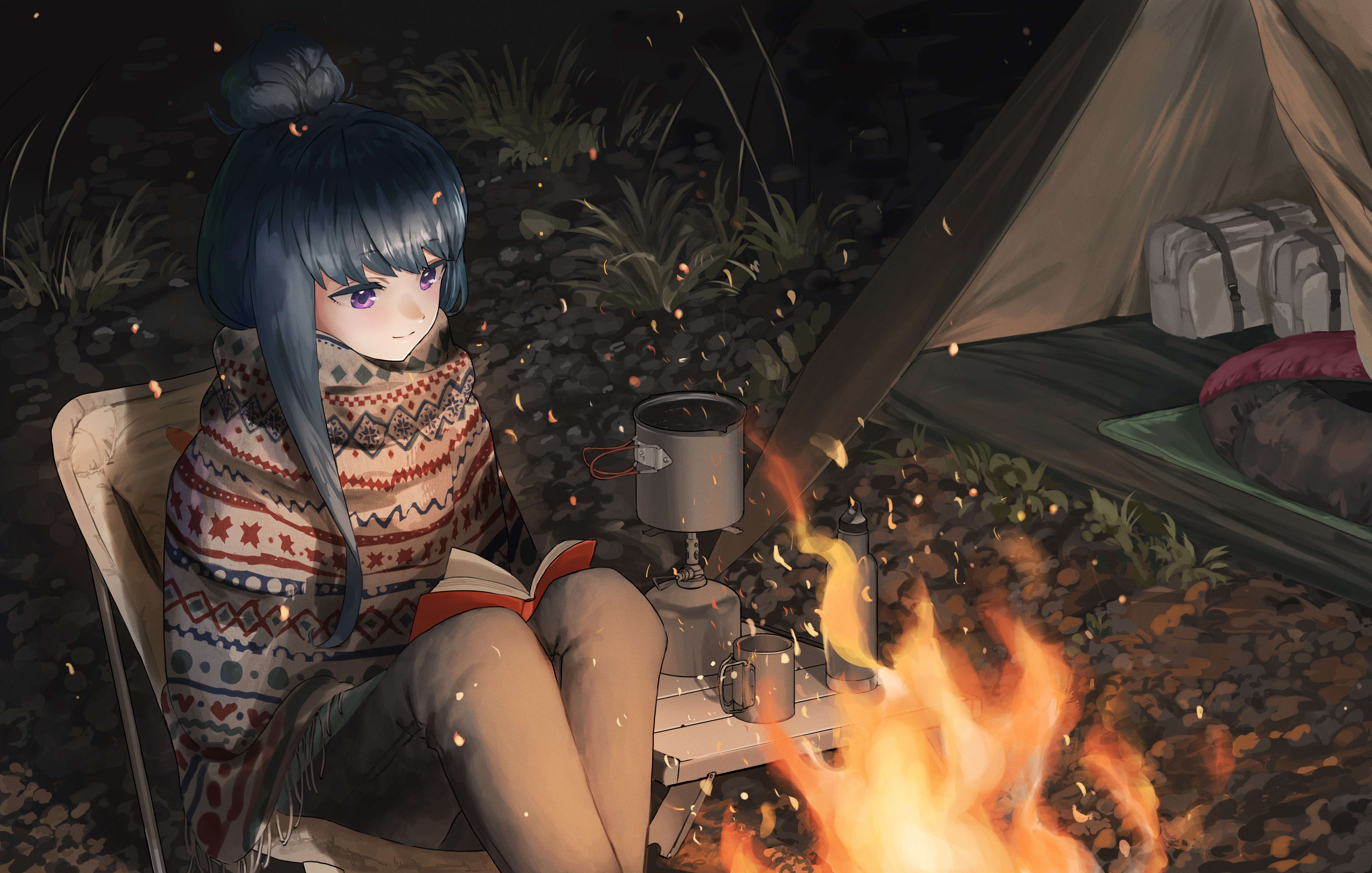 Women Anime Girls Blue Hair Fire Campfire Tent Yuru Camp Rin Shima 5500x3500