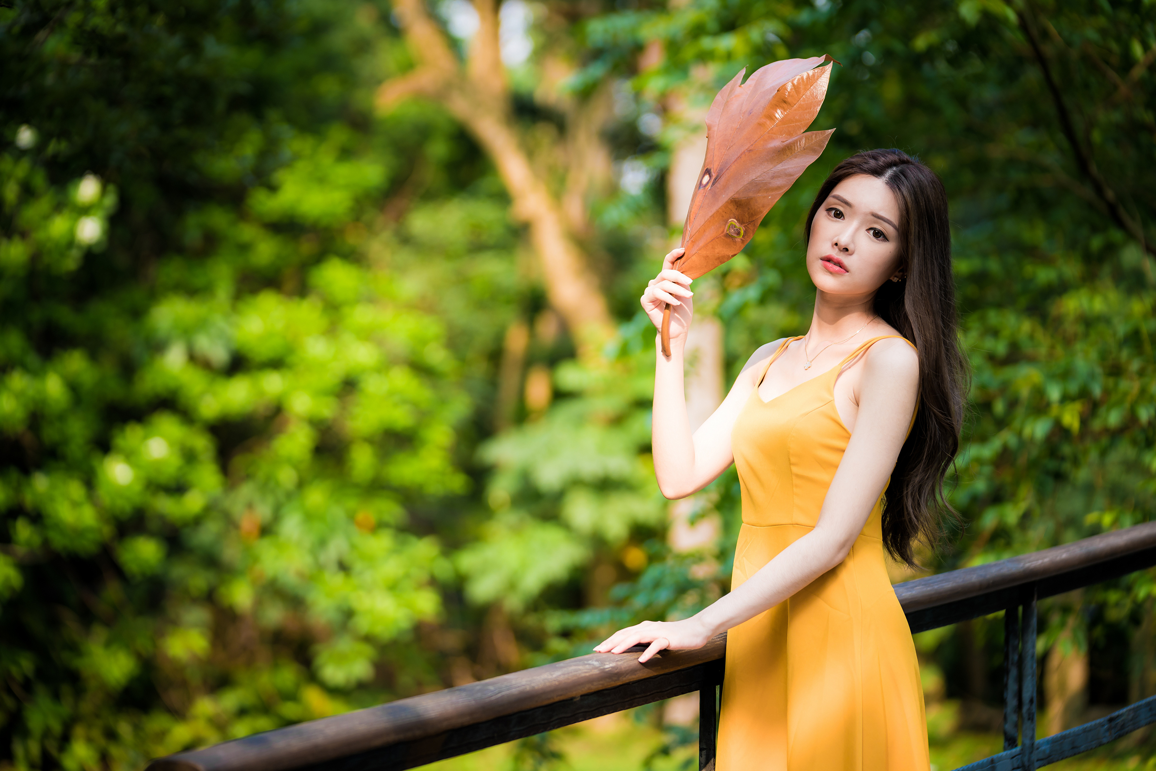 Asian Brunette Depth Of Field Girl Long Hair Model Woman Yellow Dress 3840x2561