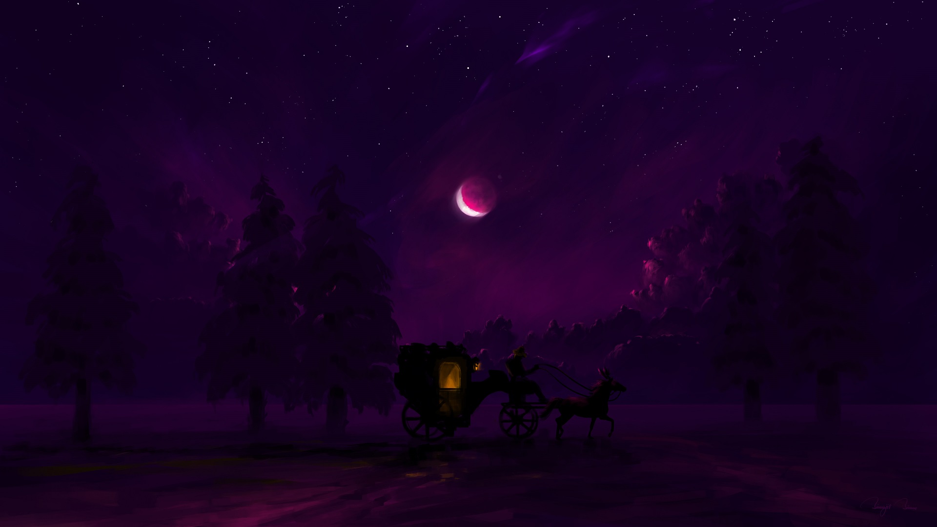 BisBiswas Digital Art Carriage Horse Forest Moon Lantern Stars 1920x1080