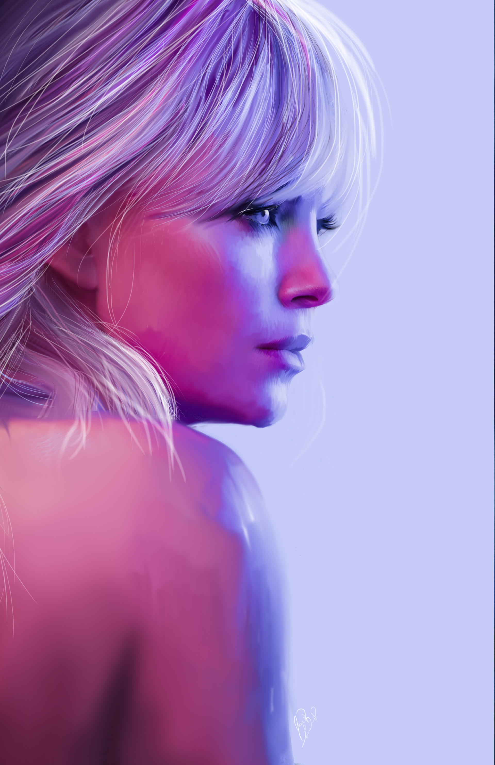 Blonde Blond Hair Looking At The Side Women Charlize Theron Fan Art Digital Art Simple Background 1920x2967