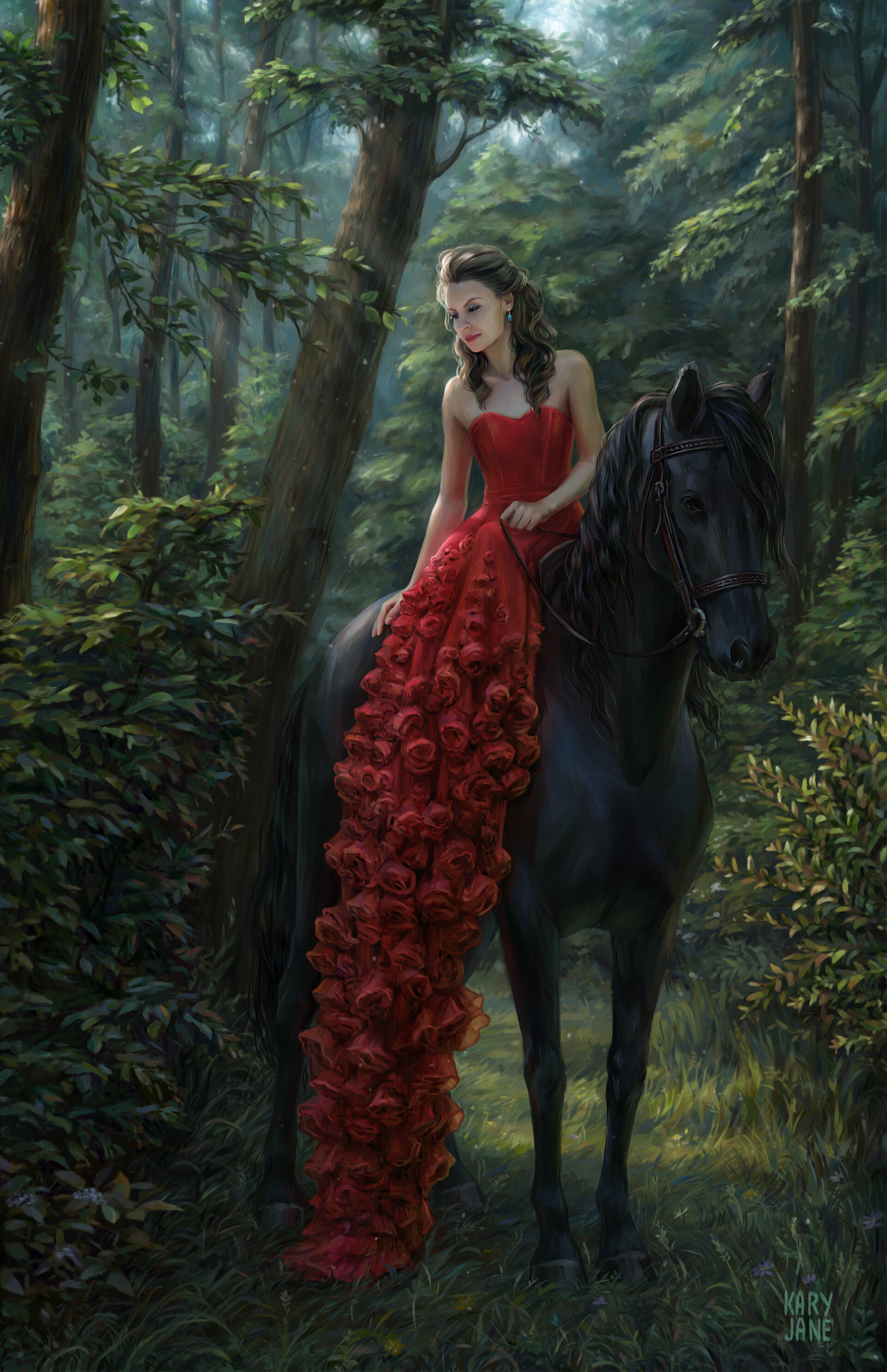 Kary Jane Red Dress Forest Portrait Display Vertical Digital Painting Roses Rose Dress Artwork Flowe 1920x2970