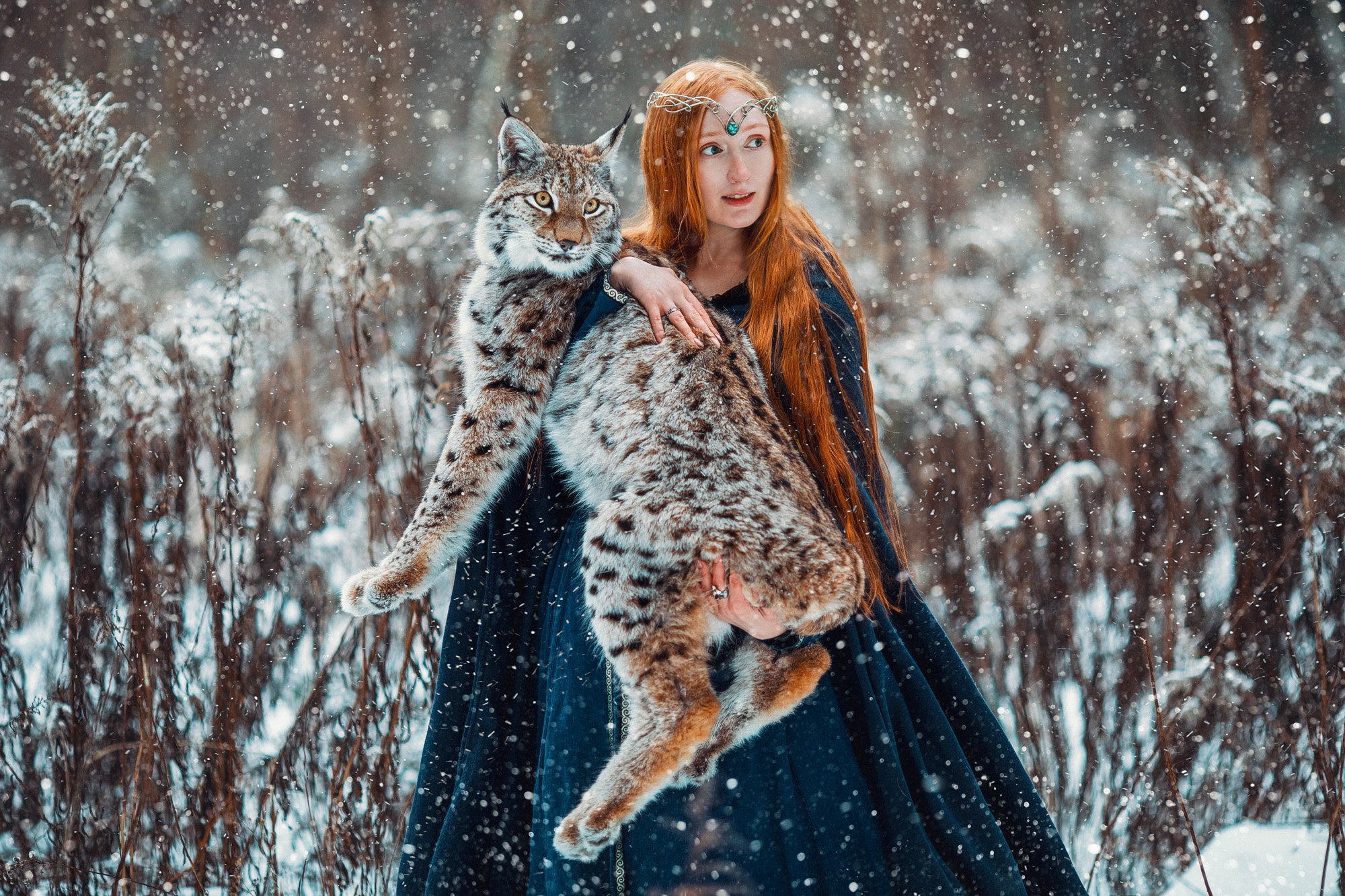 Women Model Fantasy Art Fantasy Girl Big Cats Women Outdoors Outdoors Redhead Animals Mammals Snowfl 2000x1333