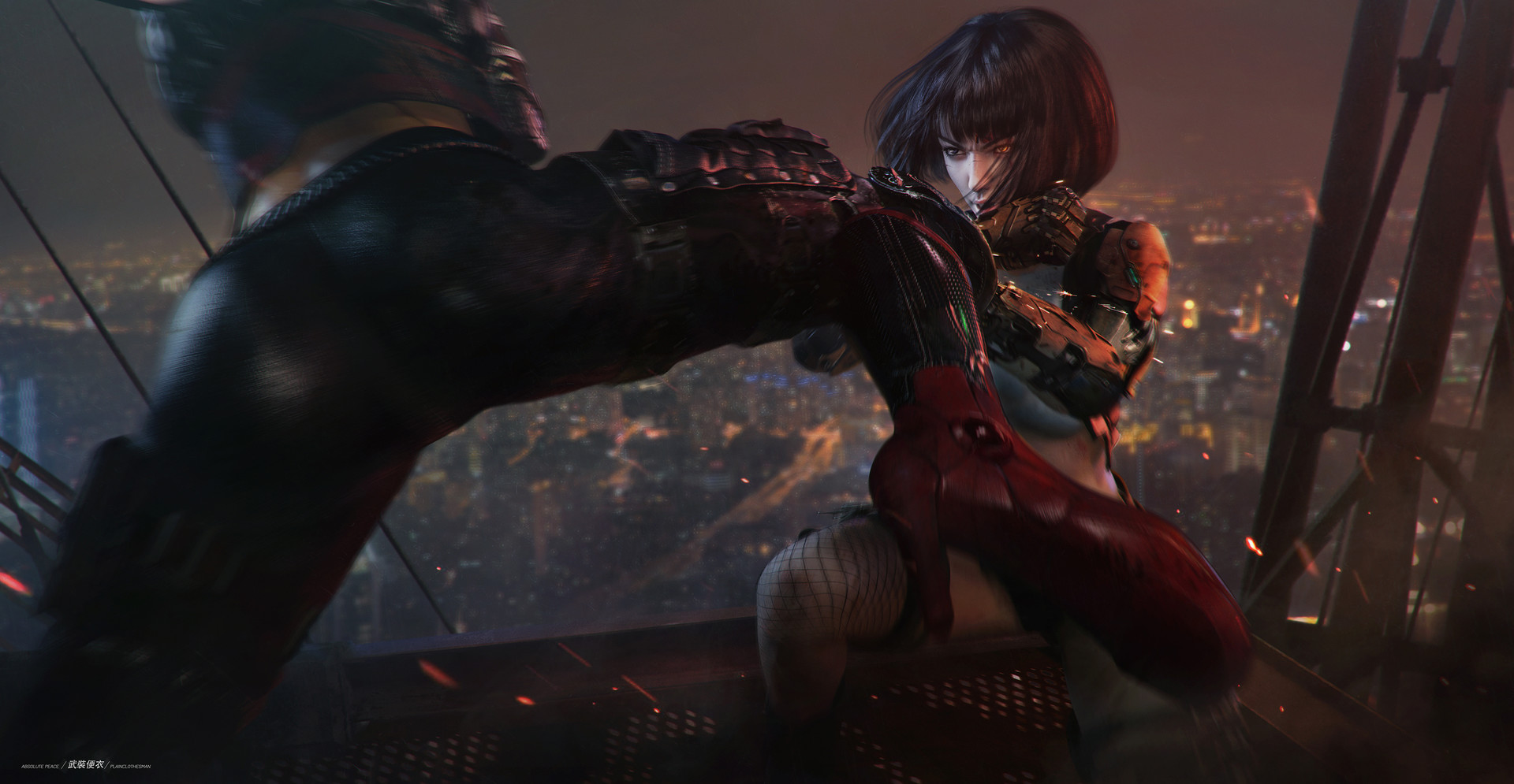 Tian Zi Digital Art Fantasy Girl Cyberpunk Science Fiction Battle Fighting Cyborg Artwork 1920x995