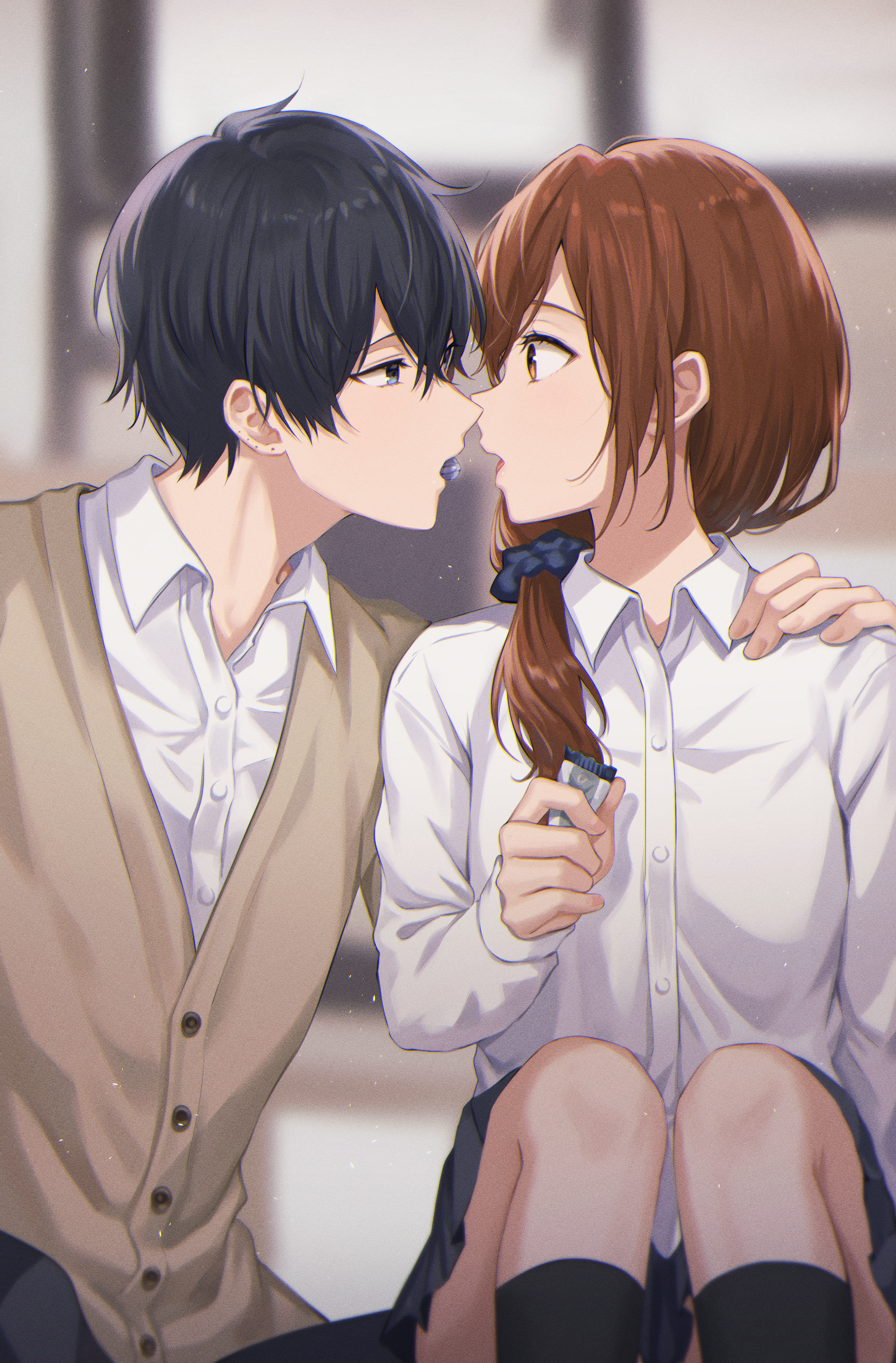 Horimiya Couple School Uniform Bangs JK Anime Boys Anime Girls Kissing Candy Blurry Background Black 2303x3502