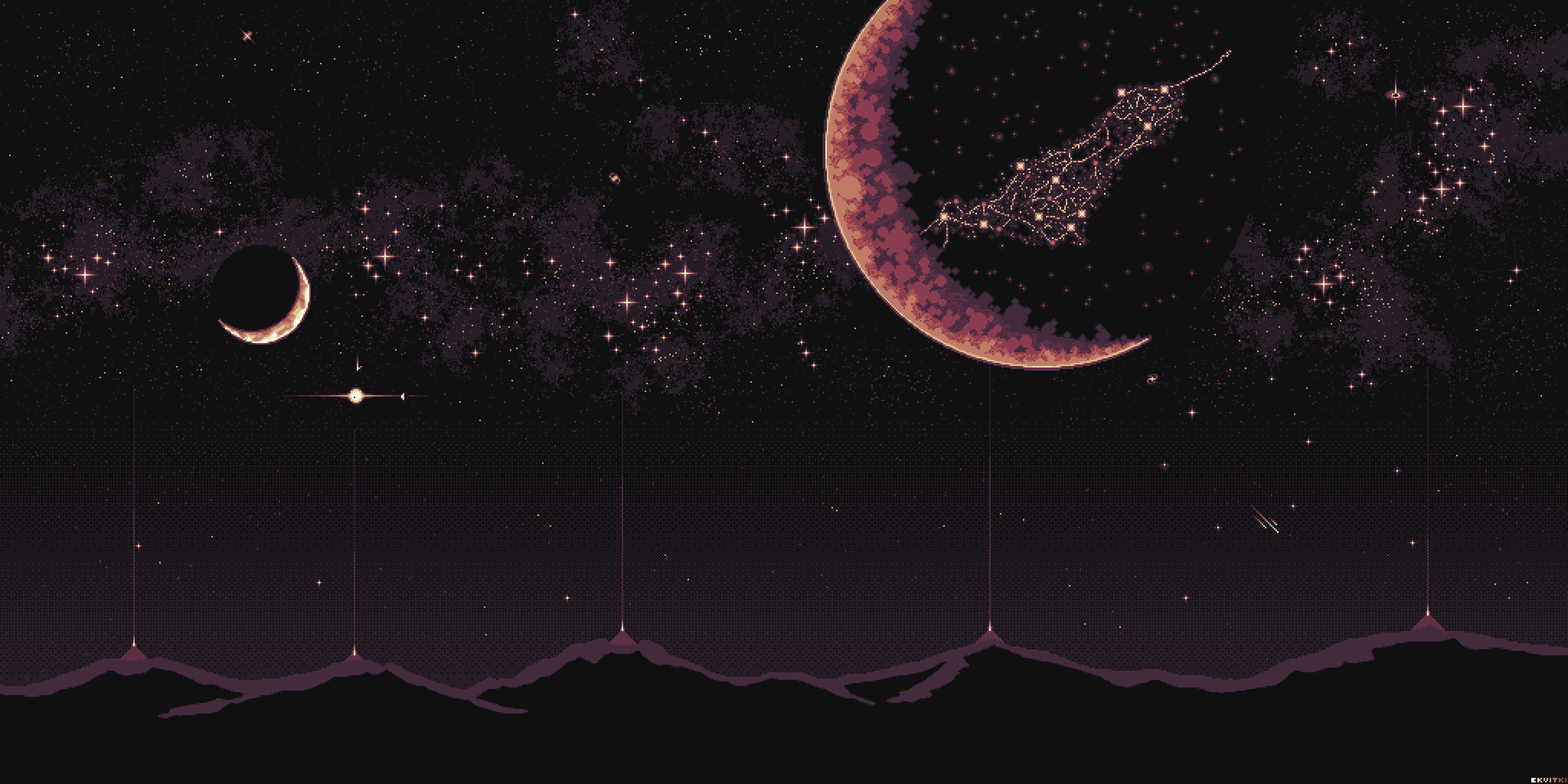 Digital Art Pixel Art Pixelated Pixels Night Mountains Moon Constellation 4096x2048