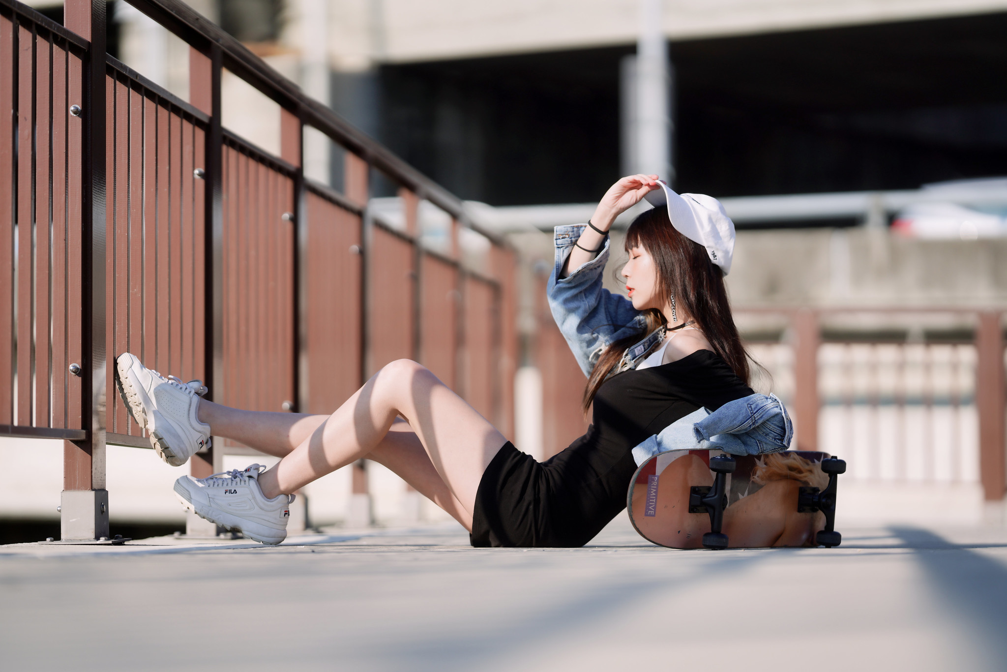 Serene Liu Women Model Asian Brunette Baseball Caps Dress Black Dress Skateboard Choker Closed Eyes  2048x1366