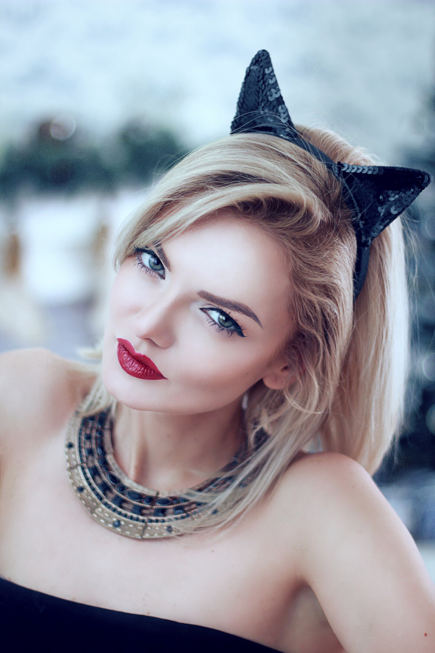 Women Ukrainian Blonde Cat Ears Necklace Strapless Dress Bare Shoulders Red Lipstick Looking At View 1440x2160