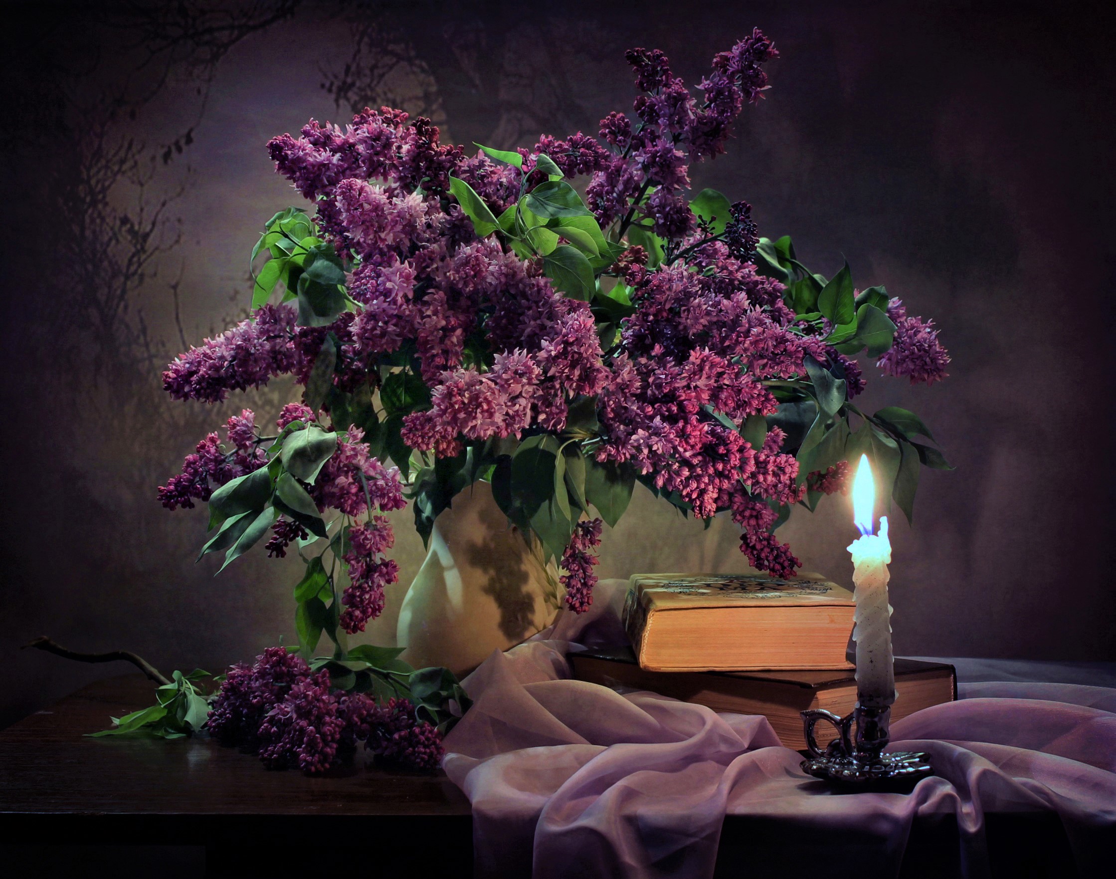 Book Candle Lilac Pink Flower Scarf Still Life Vase 2238x1762