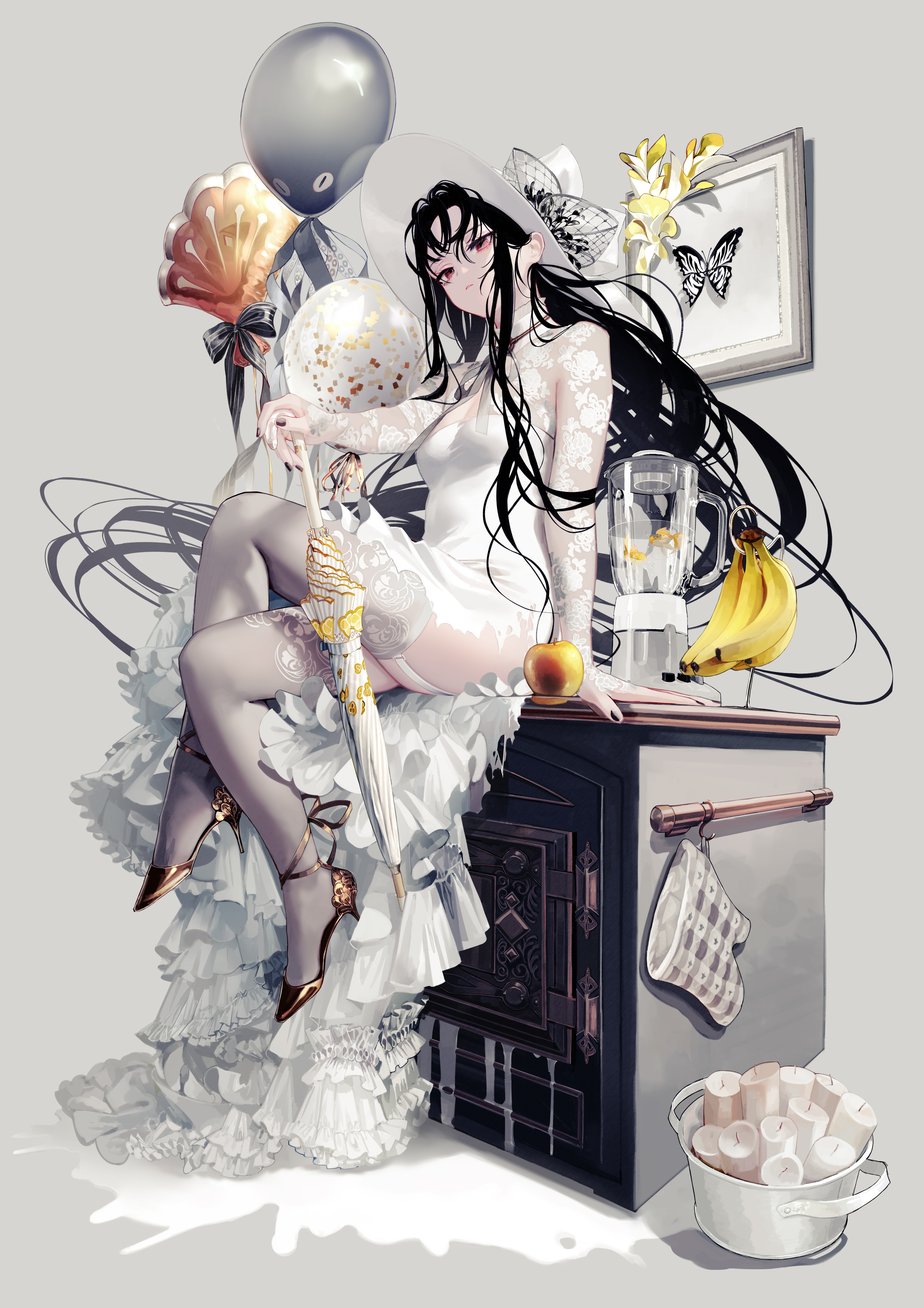 Anime Anime Girls Digital Art Artwork 2D Portrait Display Vertical Dress Thigh Highs Hat Umbrella Bl 3601x5094