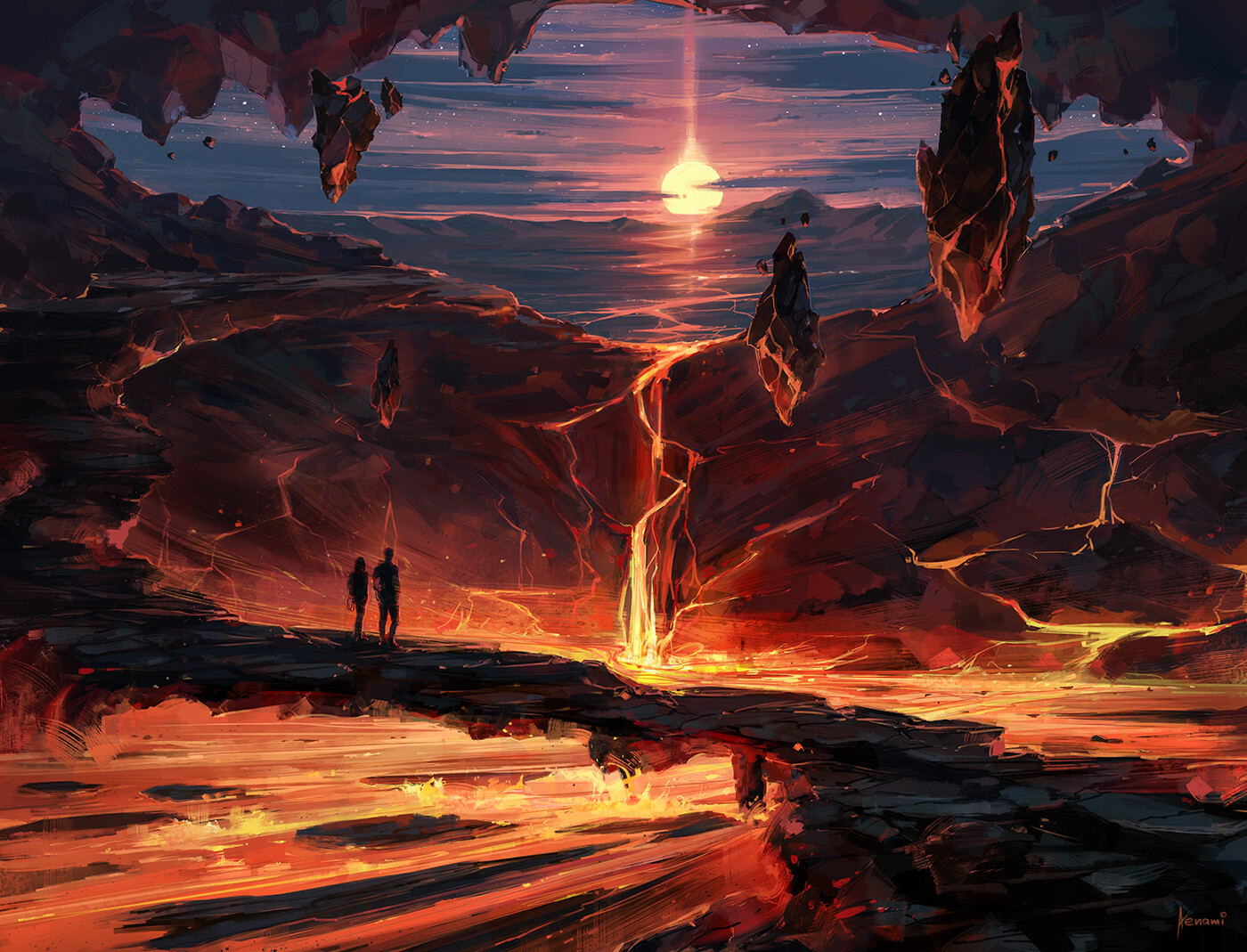Aenami Artwork Digital Art Couple Mountains Lava Fantasy Art Sunrise 1400x1069