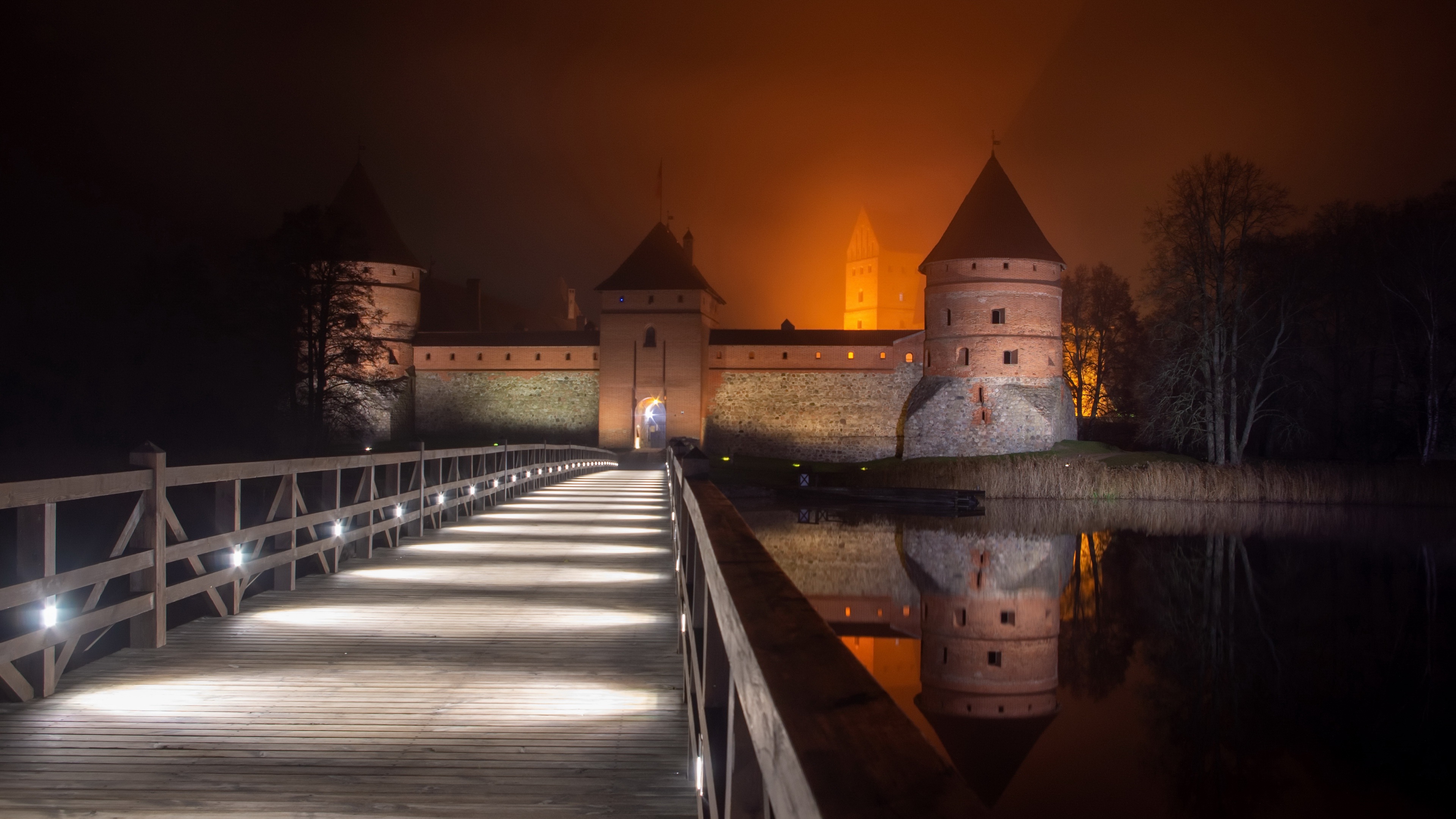 Castle Lithuania Night Reflection Trakai Trakai Island Castle 3840x2160