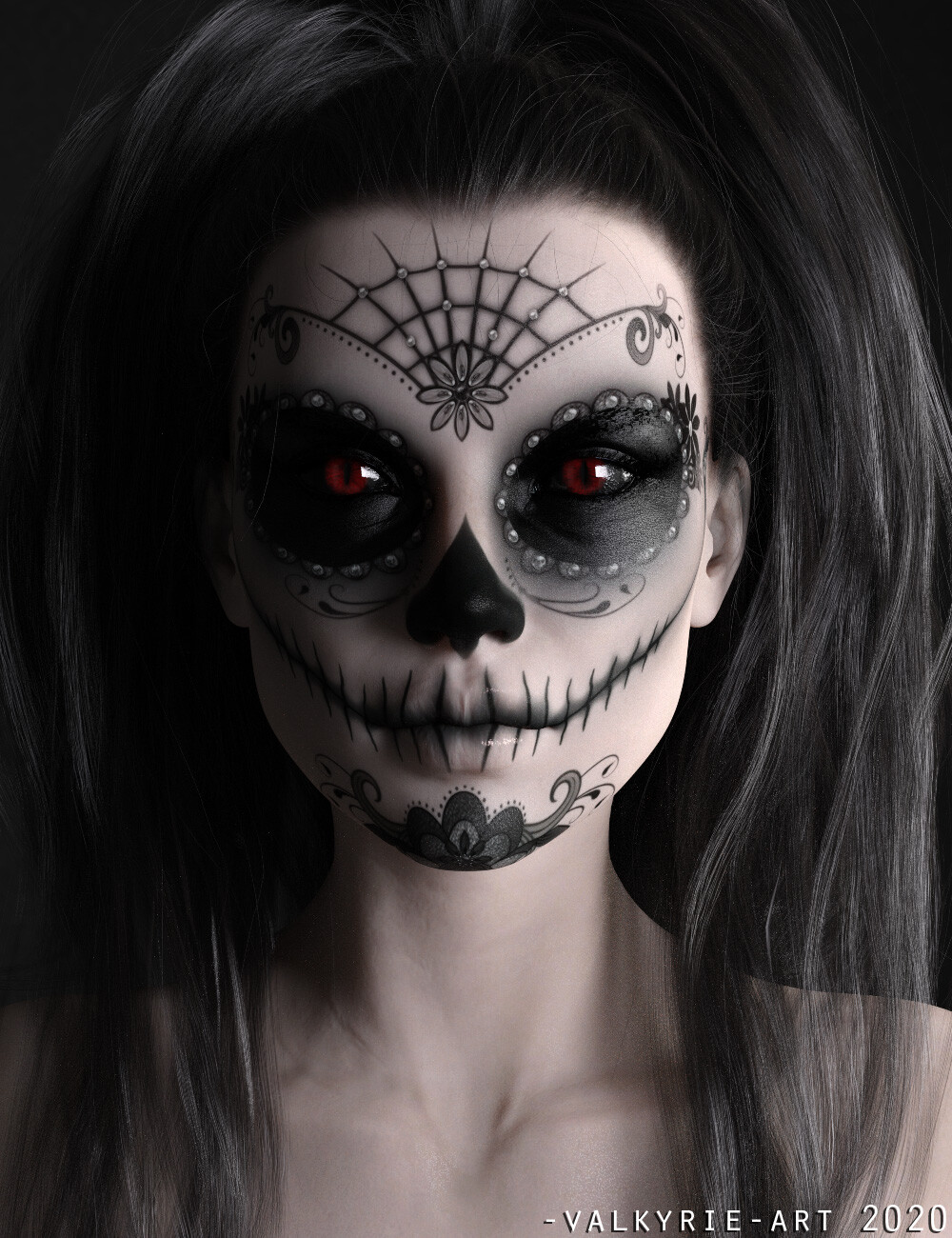 Fantasy Art Fantasy Girl Makeup Dia De Los Muertos ArtStation Glowing Eyes 2020 Year Skull 3D Render 1000x1300