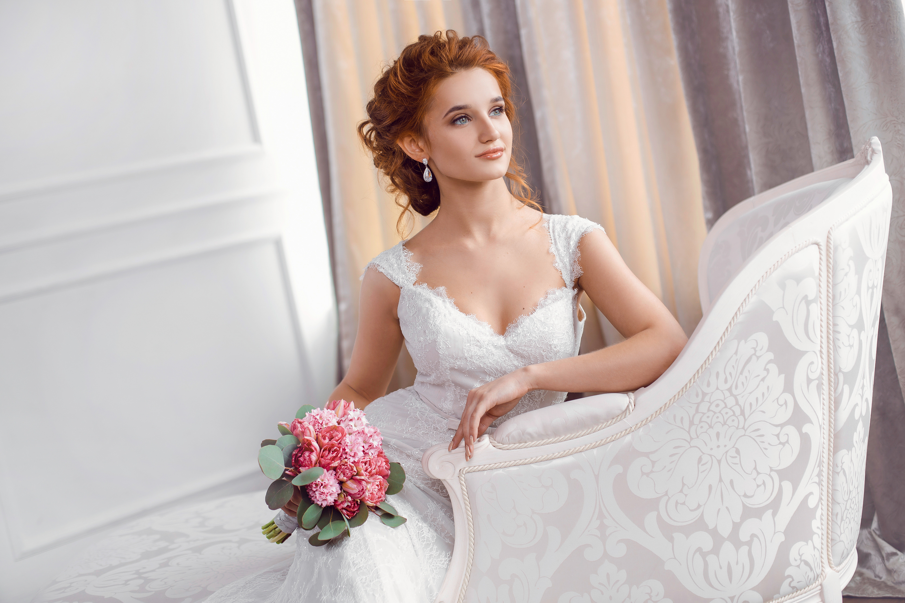 Blue Eyes Bouquet Bride Girl Model Redhead Wedding Dress White Dress Woman 3528x2352