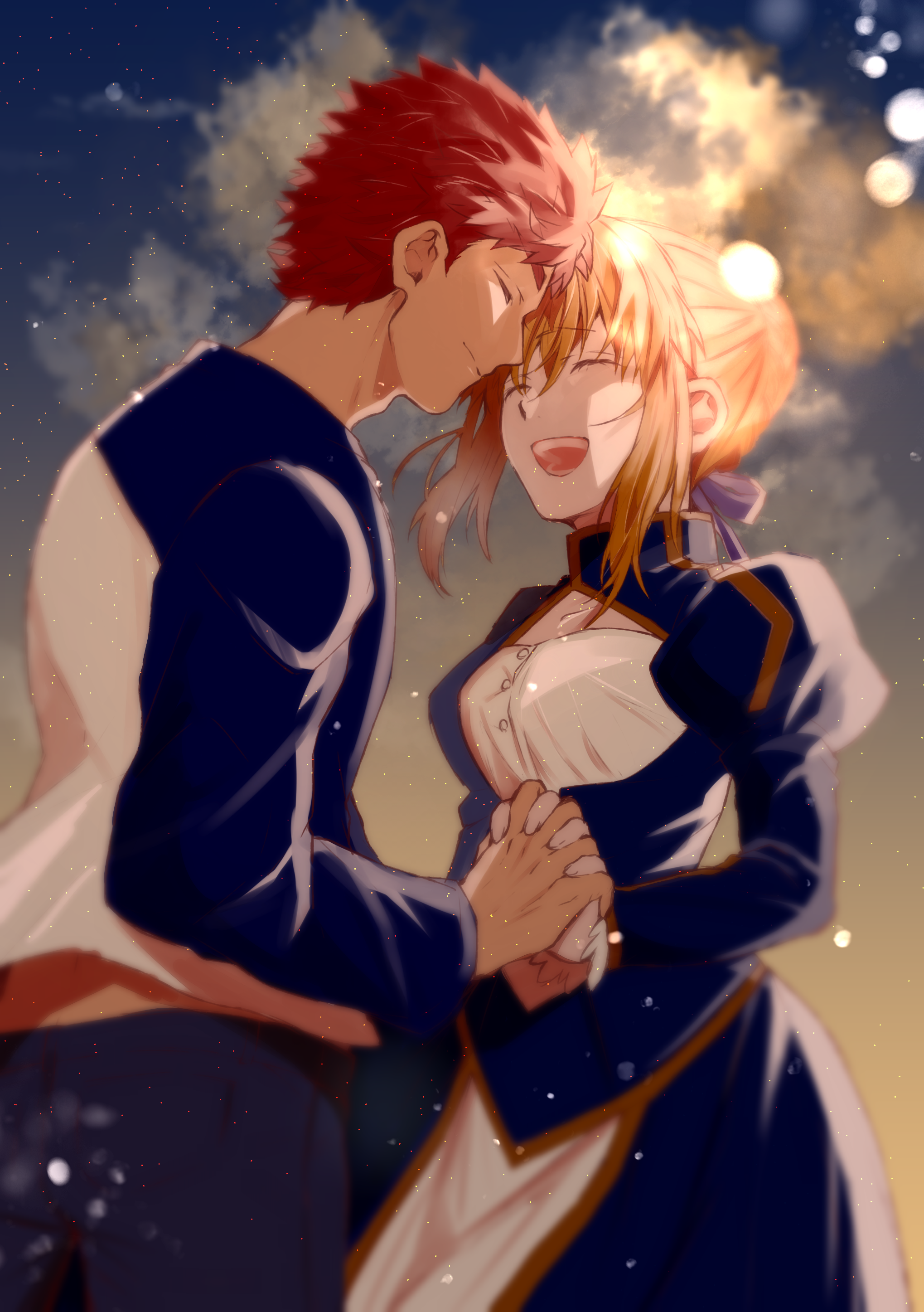Fate Stay Night Fate Series Blue Dress Couple Holding Hands Open Mouth Closed Eyes Blurry Background 2039x2894