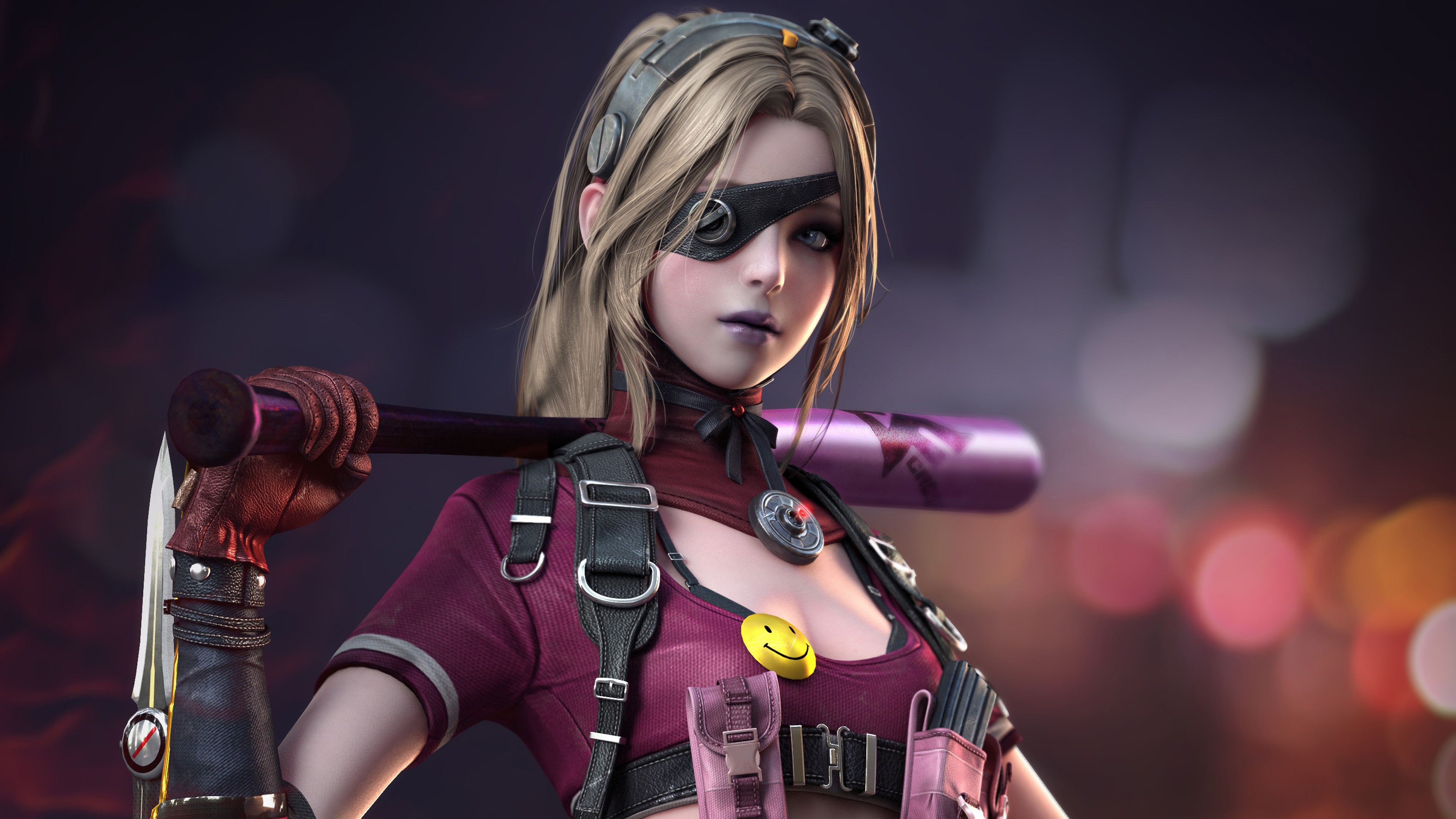 Girl With Weapon Game Characters Baseball Bat Digital Art Women Smiley Purple Lipstick Blonde Eyepat 3840x2160