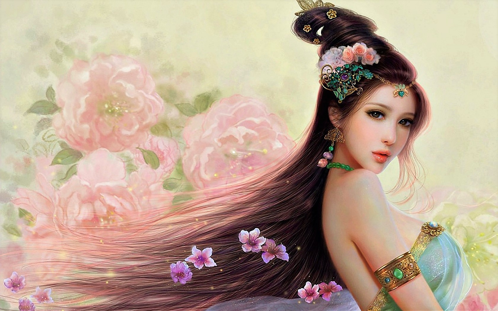 Asian Fantasy Flower Girl Jewelry Woman 1680x1050