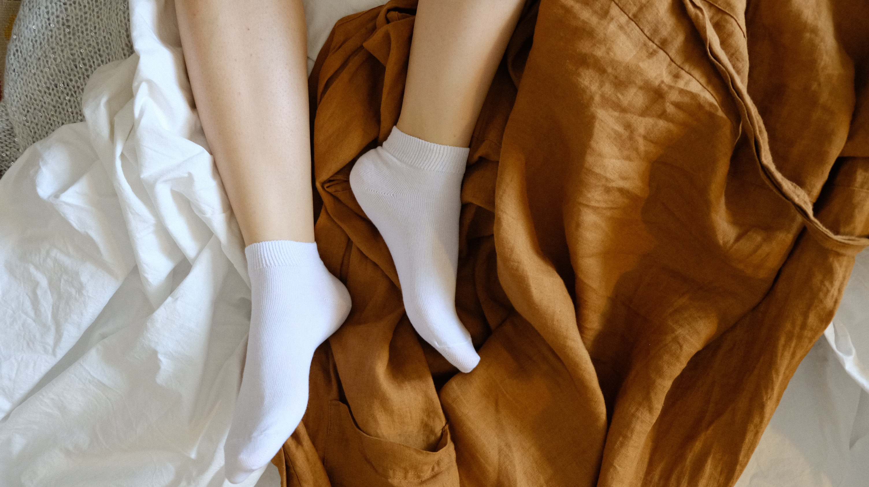 Socks White Socks Short Socks Legs Feet In Bed Linen Robe High Angle Women Model Women Indoors 3008x1688