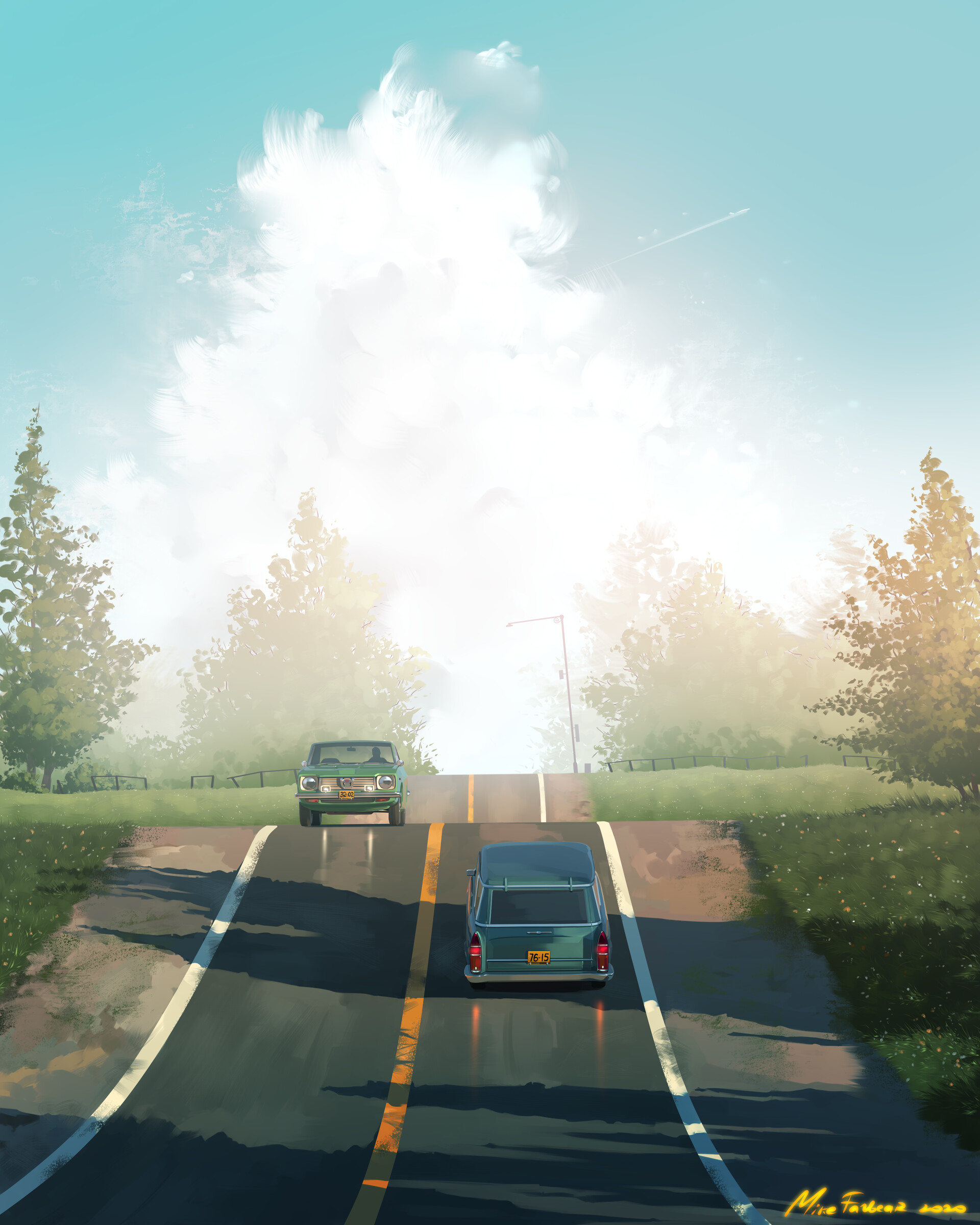 Mike Fazbear Road Clouds Car Trees Retro Car Sunset Sunrise Vehicle Illustration Sky 1920x2400