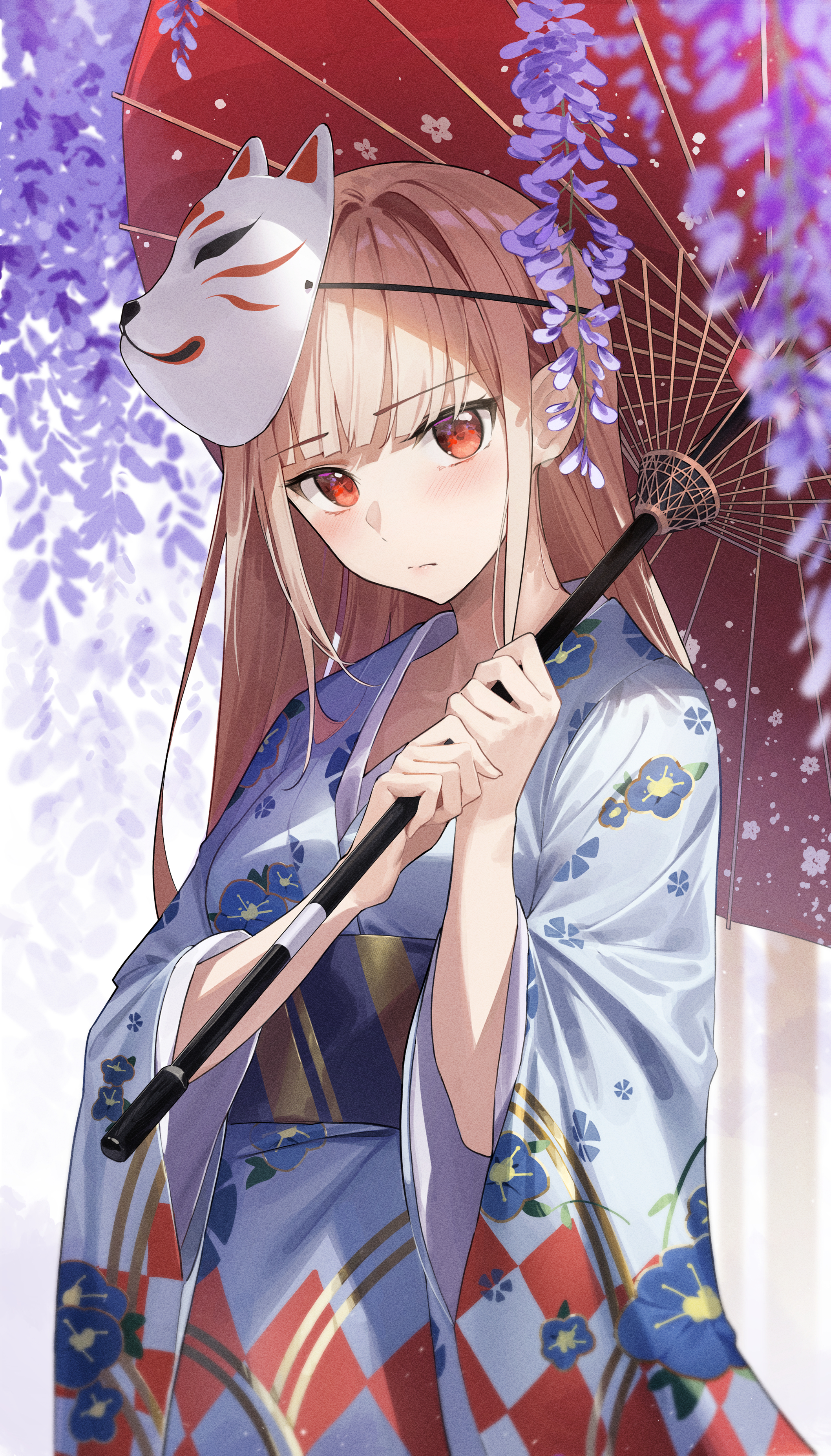 Anime Anime Girls Star741 Blonde Red Eyes Blush Mask Umbrella Japanese Clothes Kimono 2117x3709