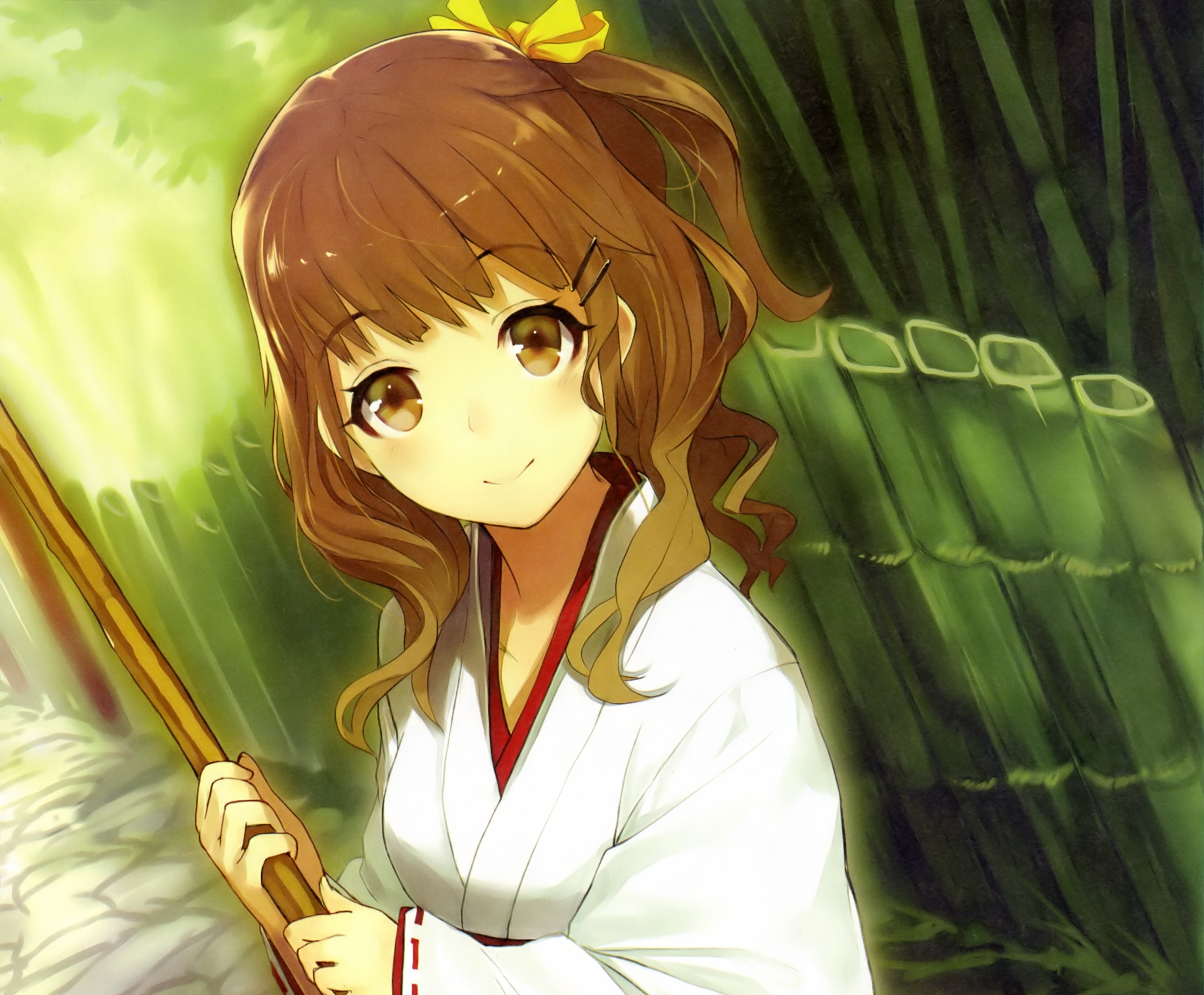 Bamboo Blush Broom Brown Eyes Brown Hair Long Hair Miko Outfit Smile Bow Clothing 2576x2128