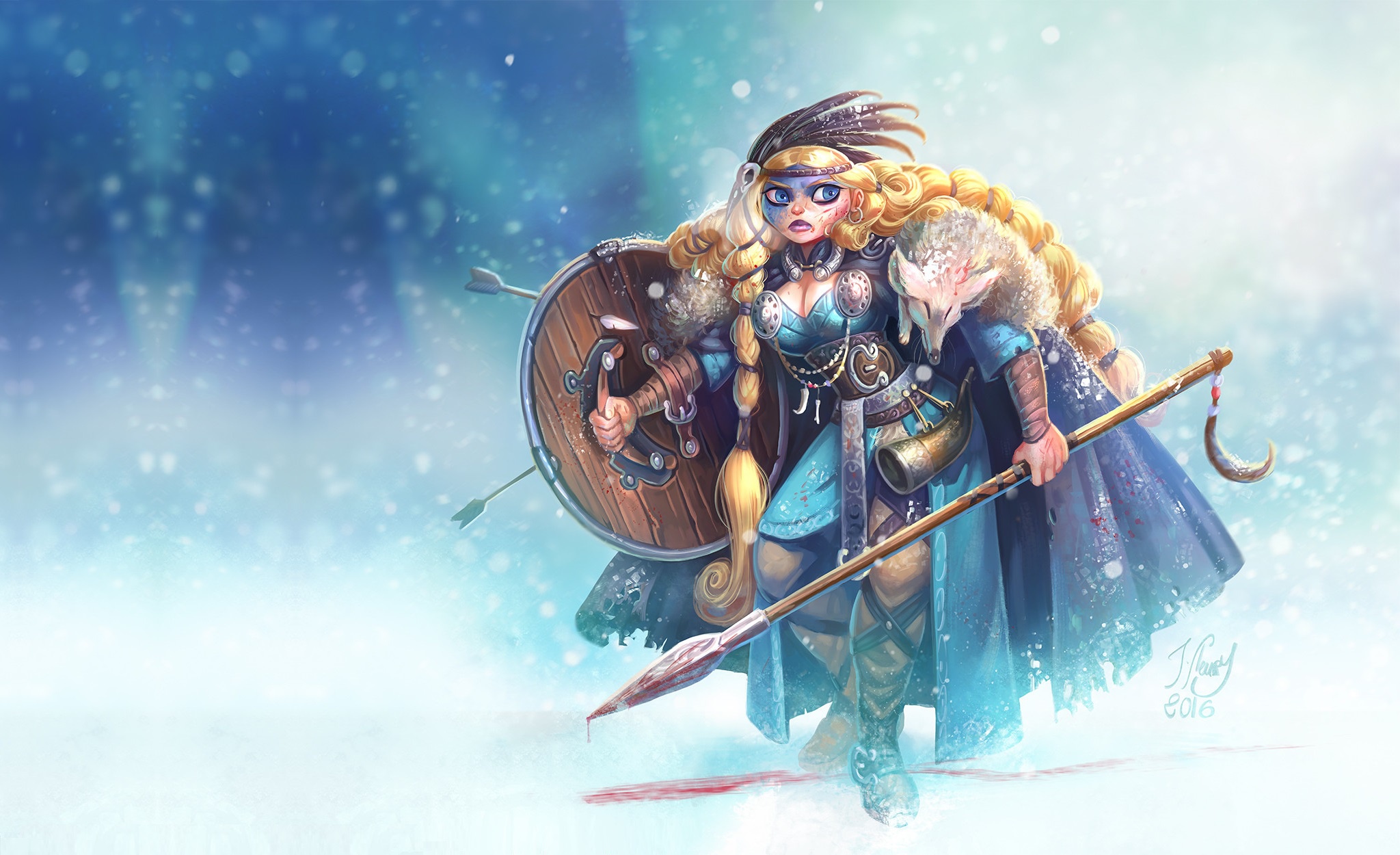 Blonde Blue Eyes Braid Girl Long Hair Shield Snowfall Spear Viking Woman Warrior 2048x1250