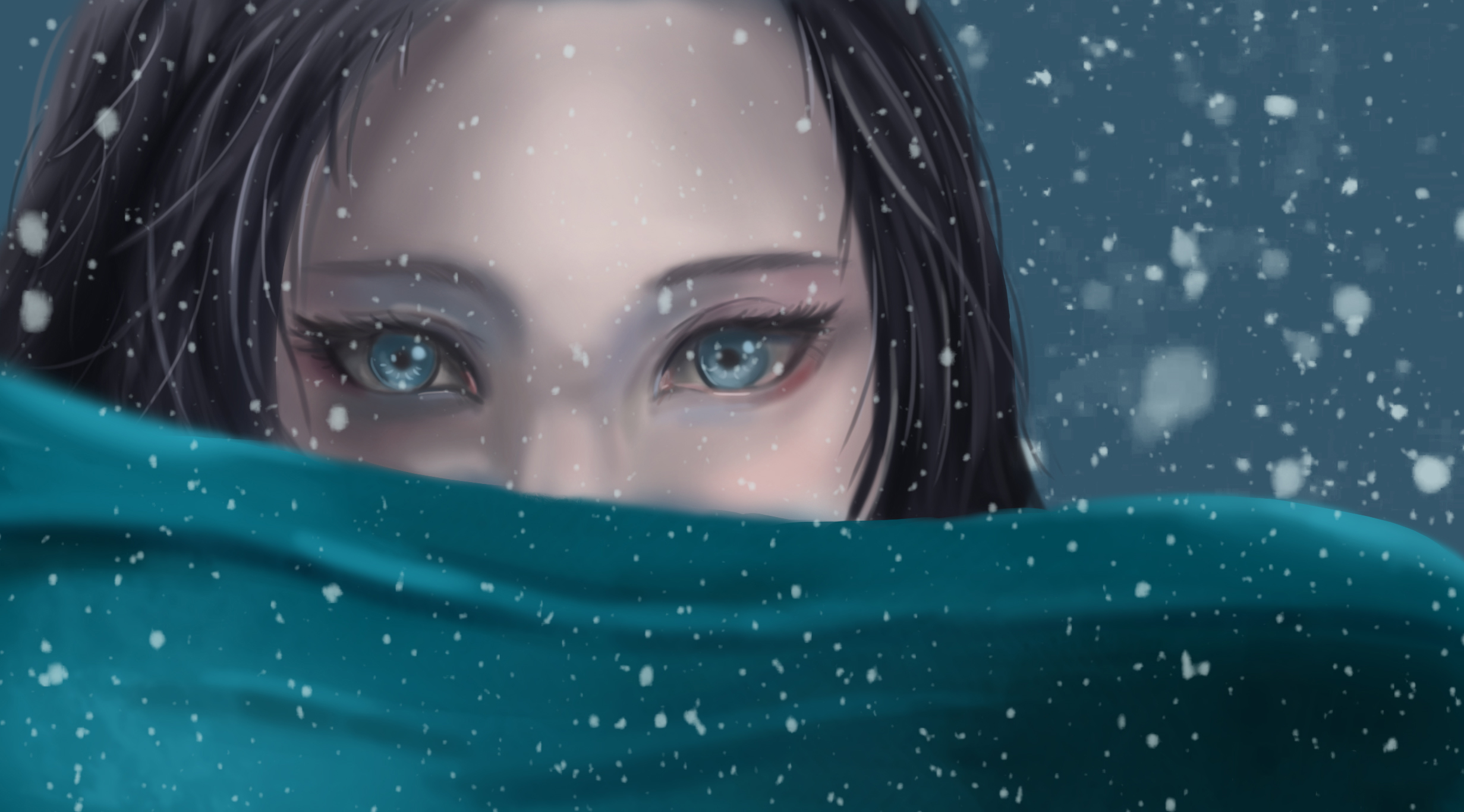 Blue Eyes Face Girl Snowfall Woman 2463x1366