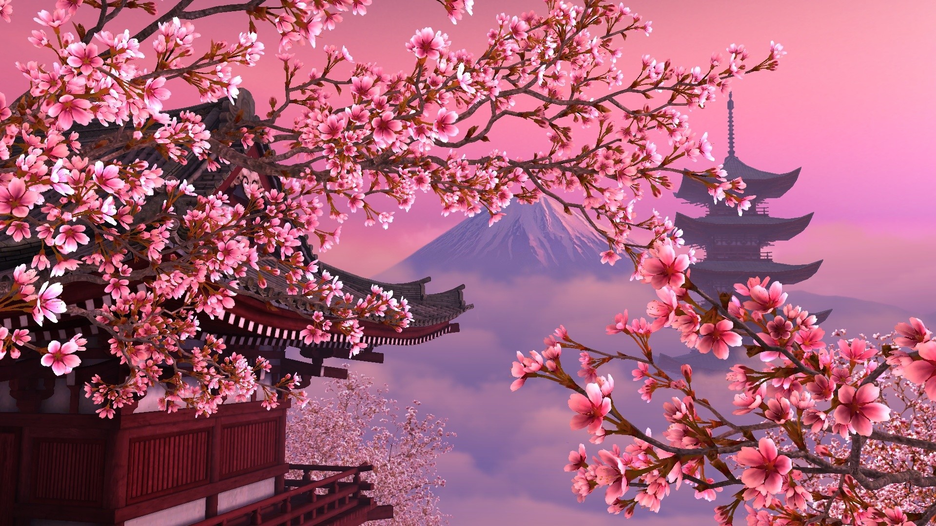 Cherry Blossom Pagoda Sakura 1920x1080