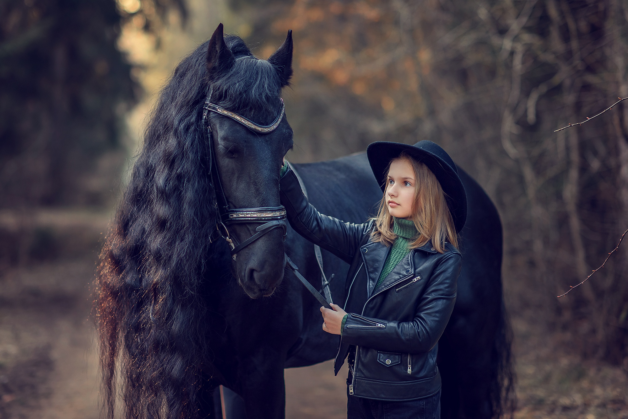 Child Depth Of Field Girl Hat Horse Leather Jacket 2000x1335