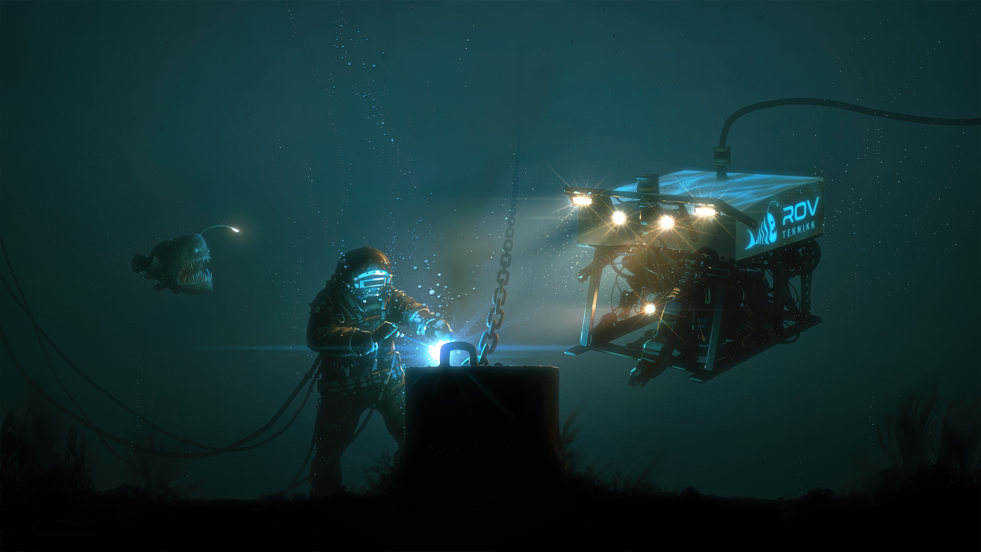 Welding Technology Deep Sea Diving Robot Frogfish Digital Art Digital Underwater 3840x2160