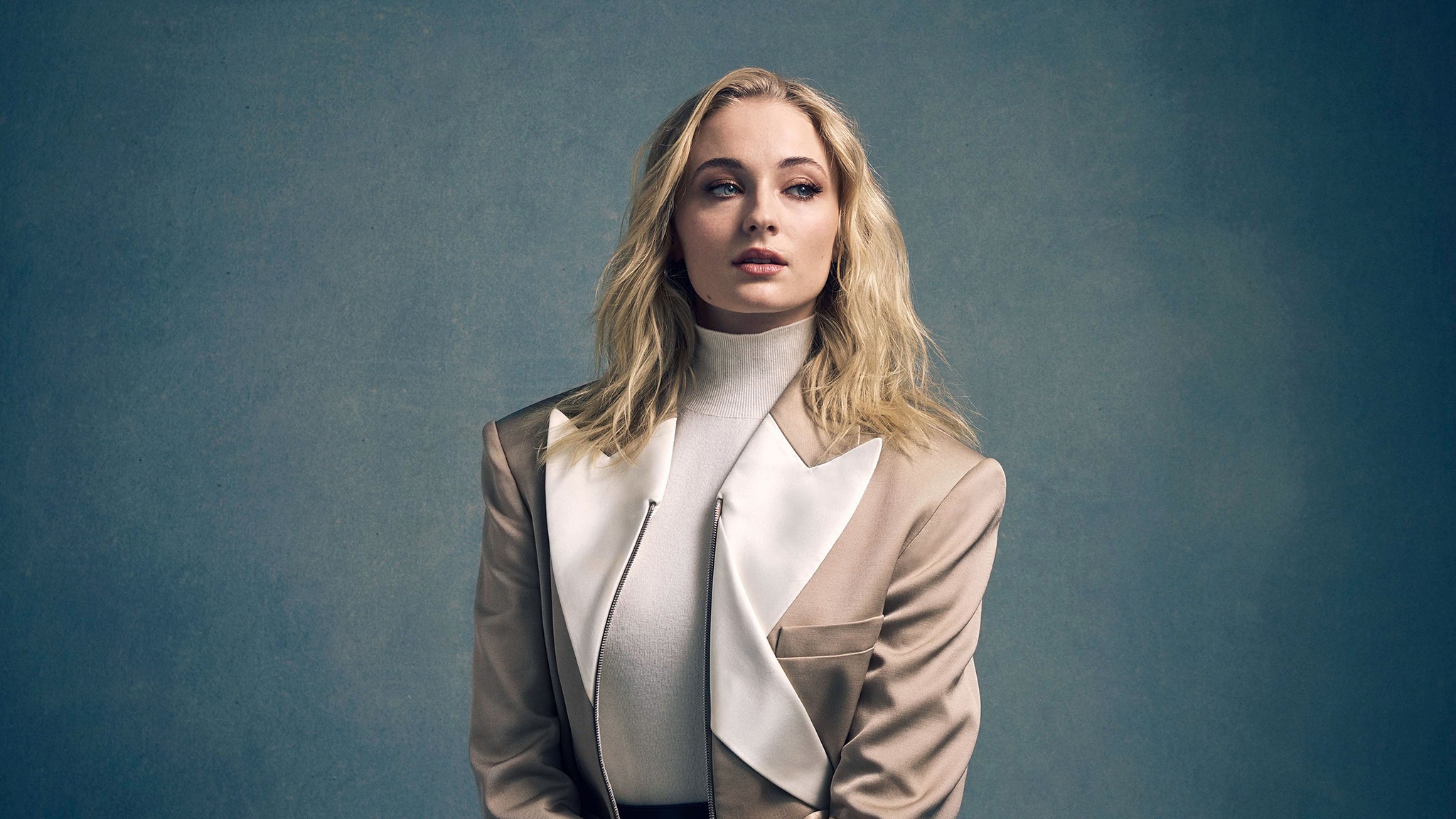 Sophie Turner Women Celebrity Actress Simple Background Blonde Blond Hair Looking Away White Sweater 2048x1152