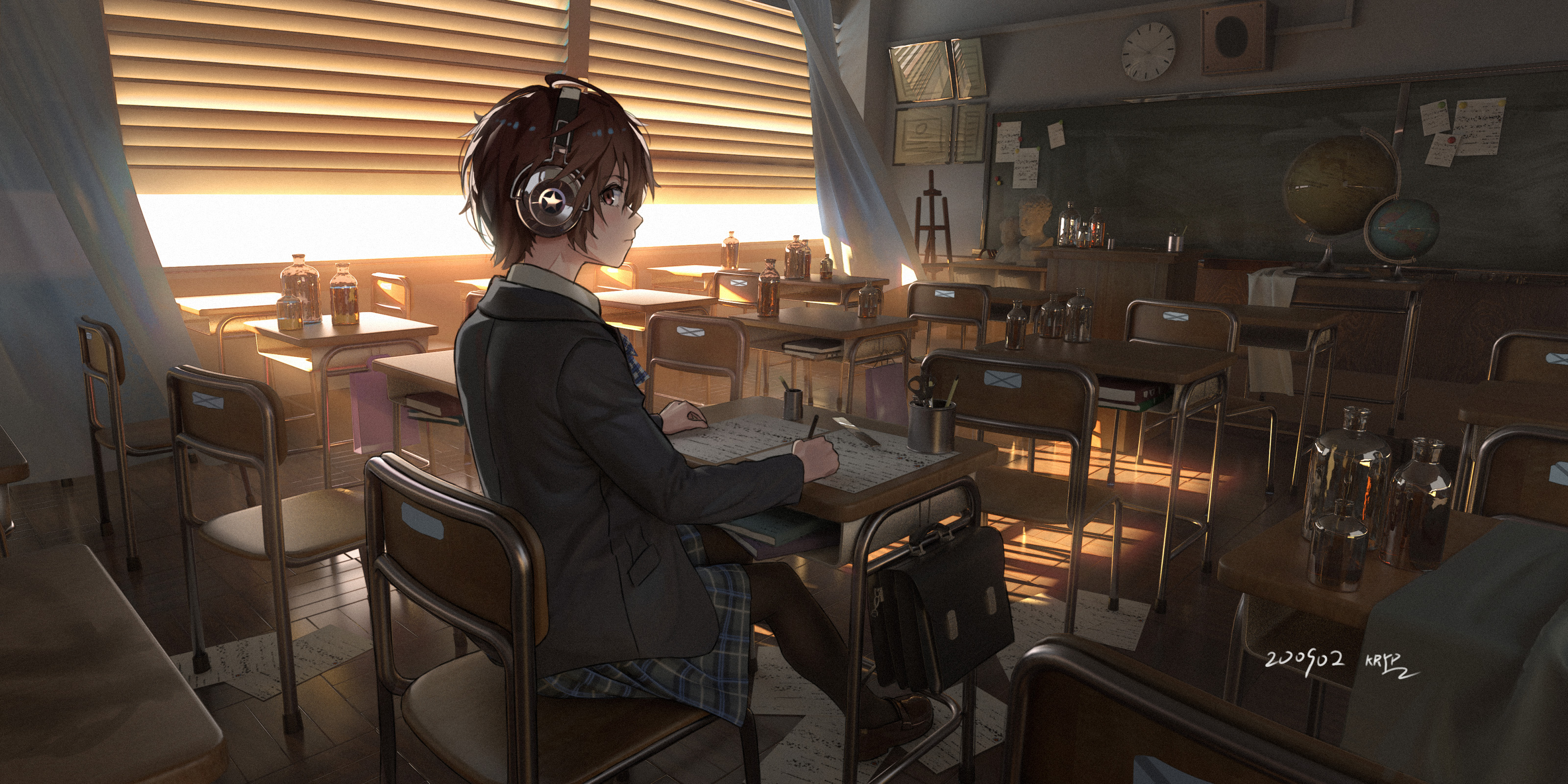 Anime Anime Girls Brunette School Uniform Headphones Classroom Brown Eyes Writing Kryp132 3200x1600