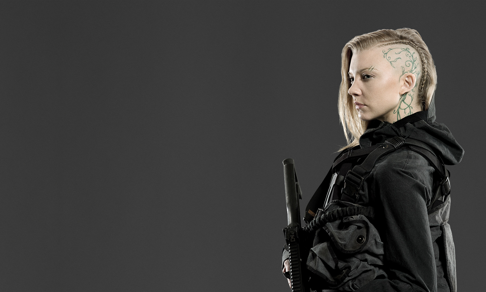 Natalie Dormer The Hunger Games Soldier Sidecut Blonde Tattoo Simple Background Gun Black Clothing M 1600x960