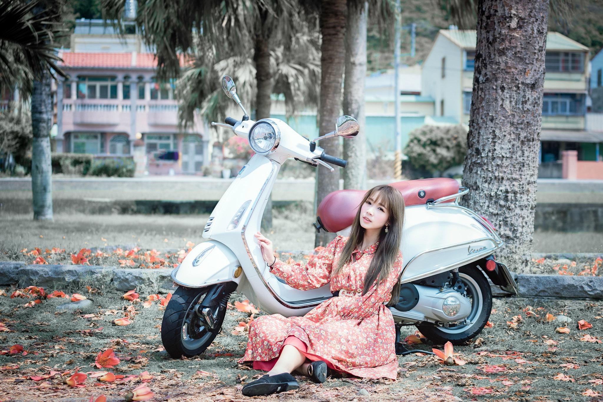 Asian Vehicle Women Model Sitting Women Outdoors Urban Brunette Mopeds Vespa Dress 2048x1367