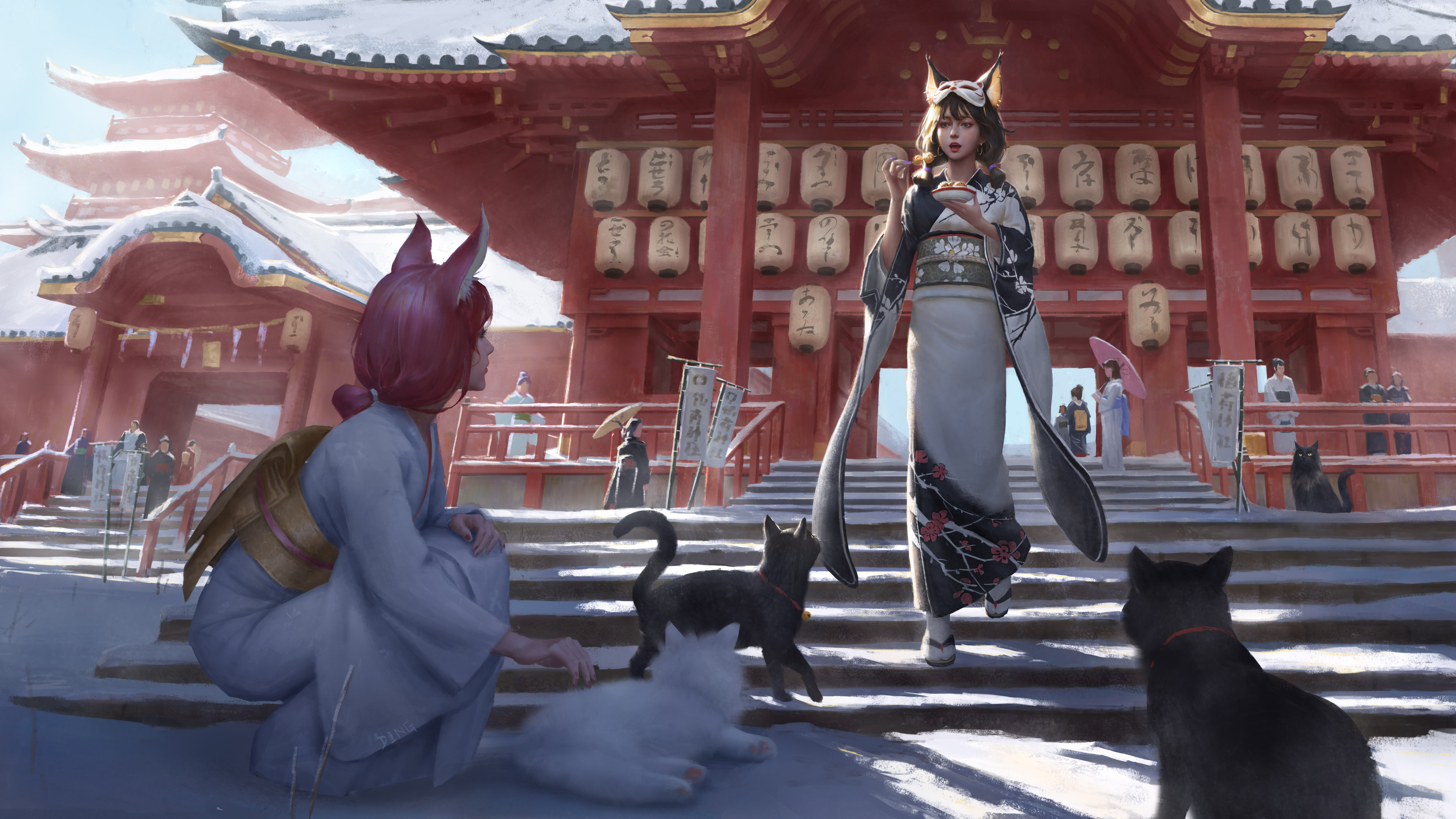 Artwork Fantasy Art Women Asian Architecture Asian Architecture Traditional Clothing Cats Cat Girl 3840x2160